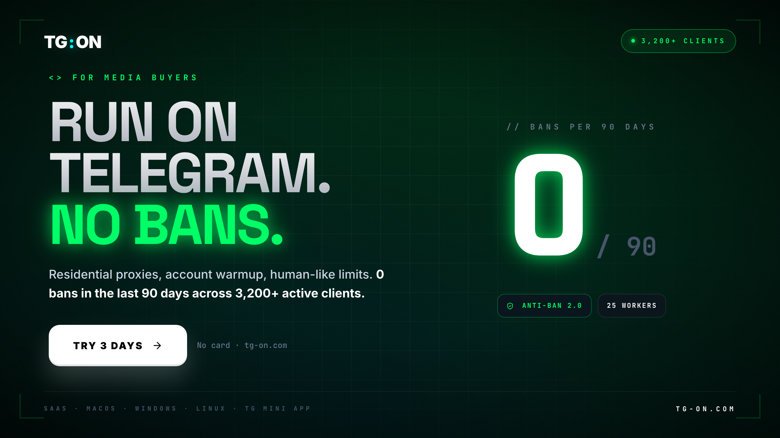 TG:ON — bulk Telegram messaging without bans