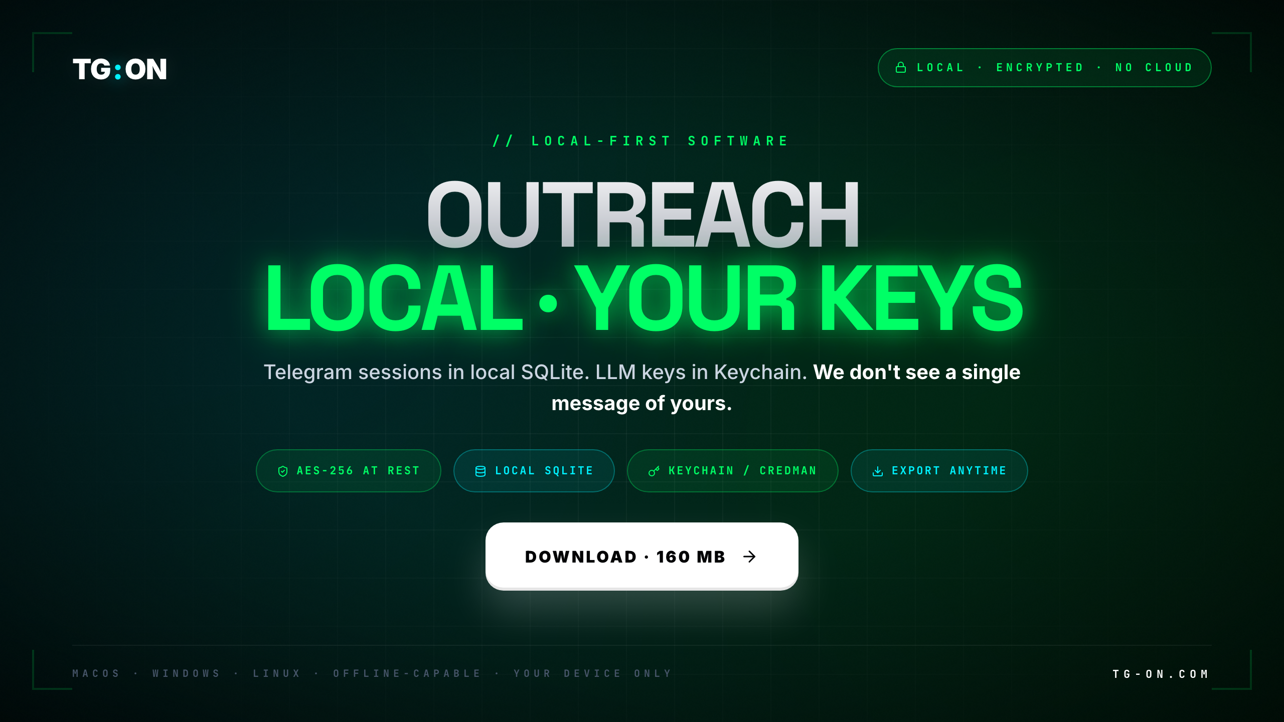 TG:ON — local-first, your keys your data