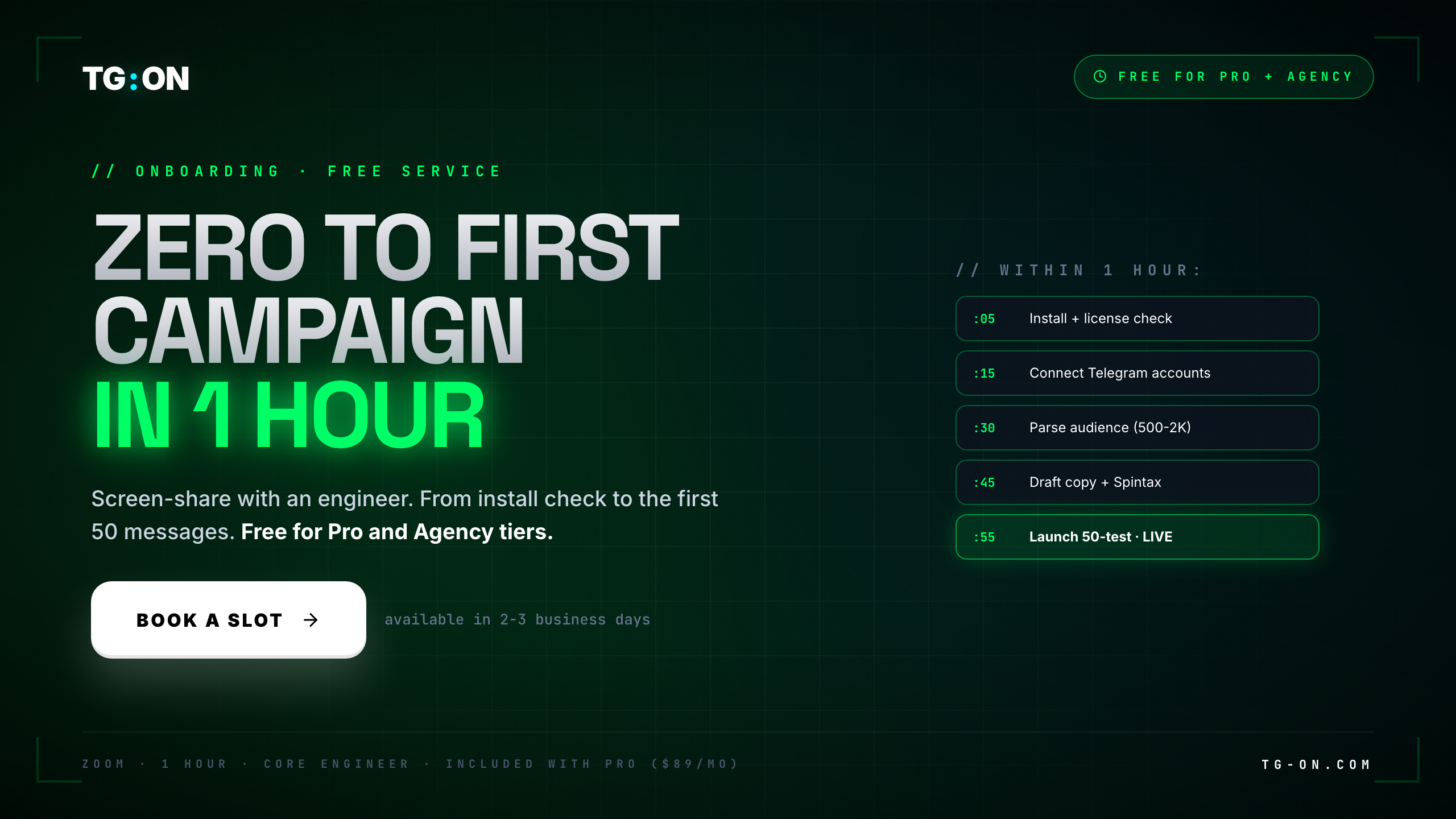 TG:ON onboarding: zero to first campaign in 1 hour