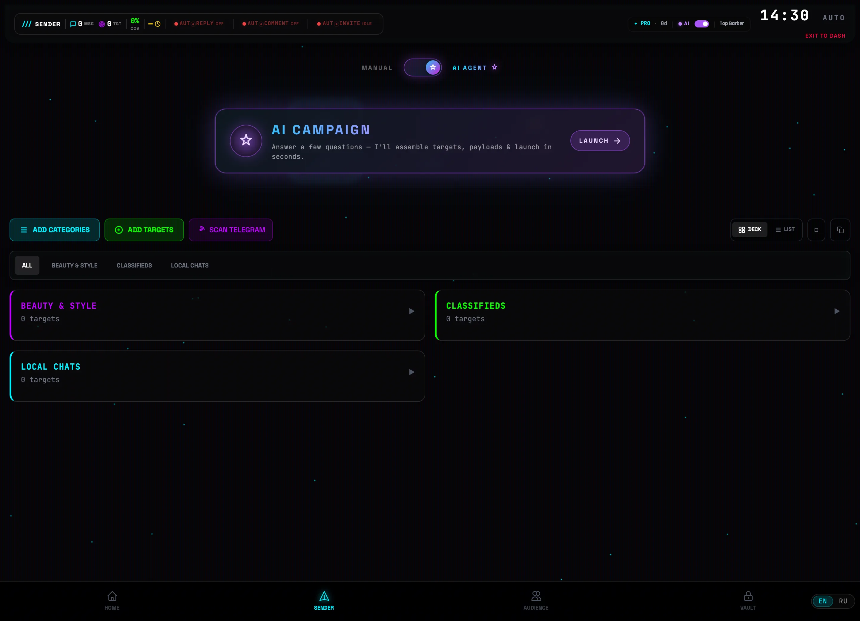 Sender in AI AGENT mode: AI CAMPAIGN card with a START button