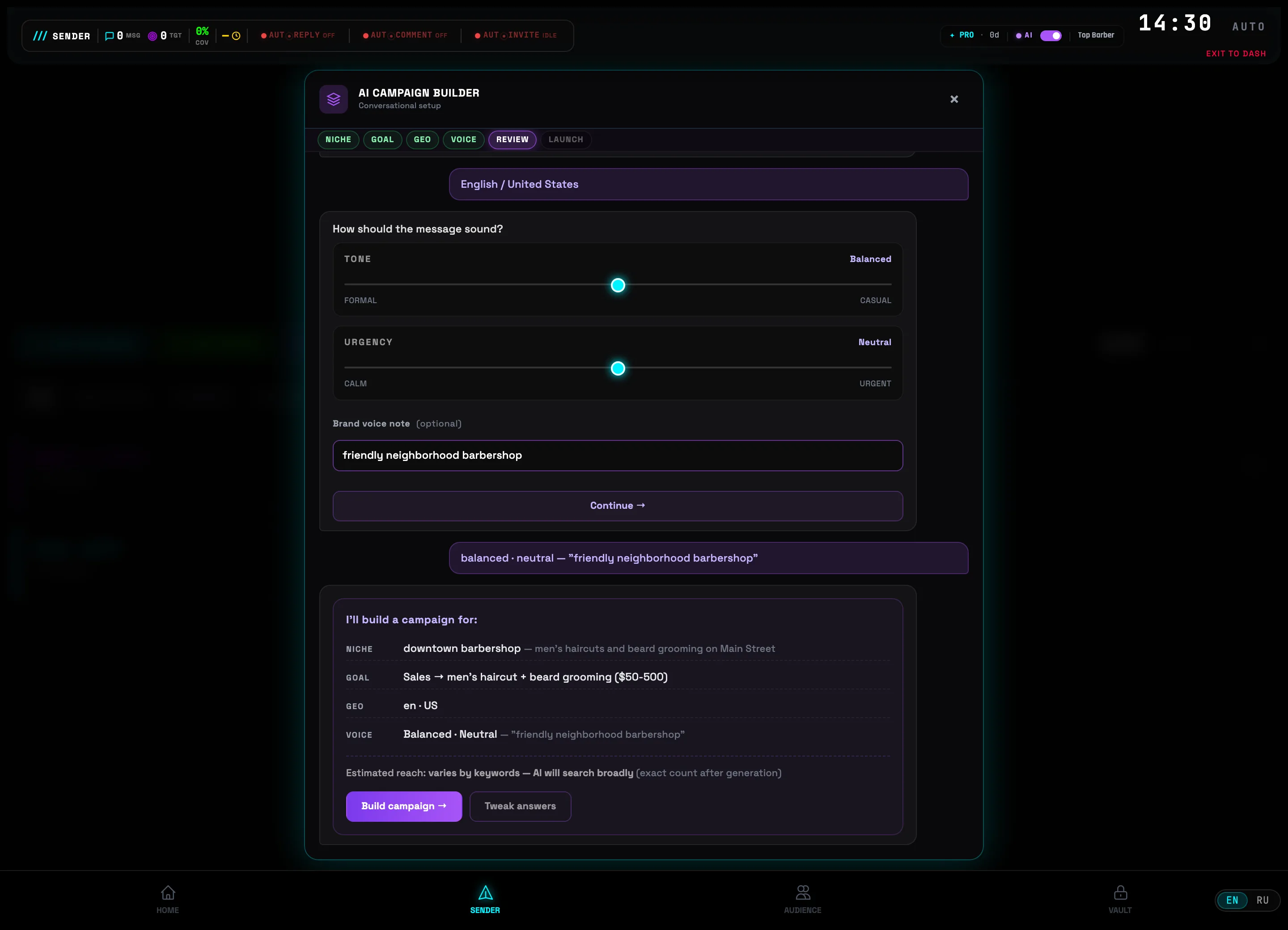 REVIEW screen: campaign parameter summary and Build campaign button