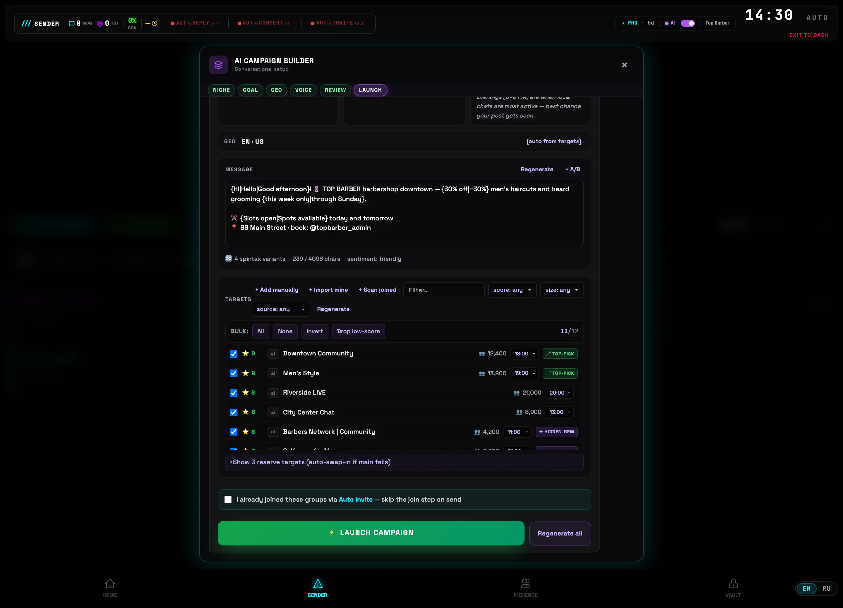 Result: list of targets with AI scores, top-pick flags and a Launch campaign button