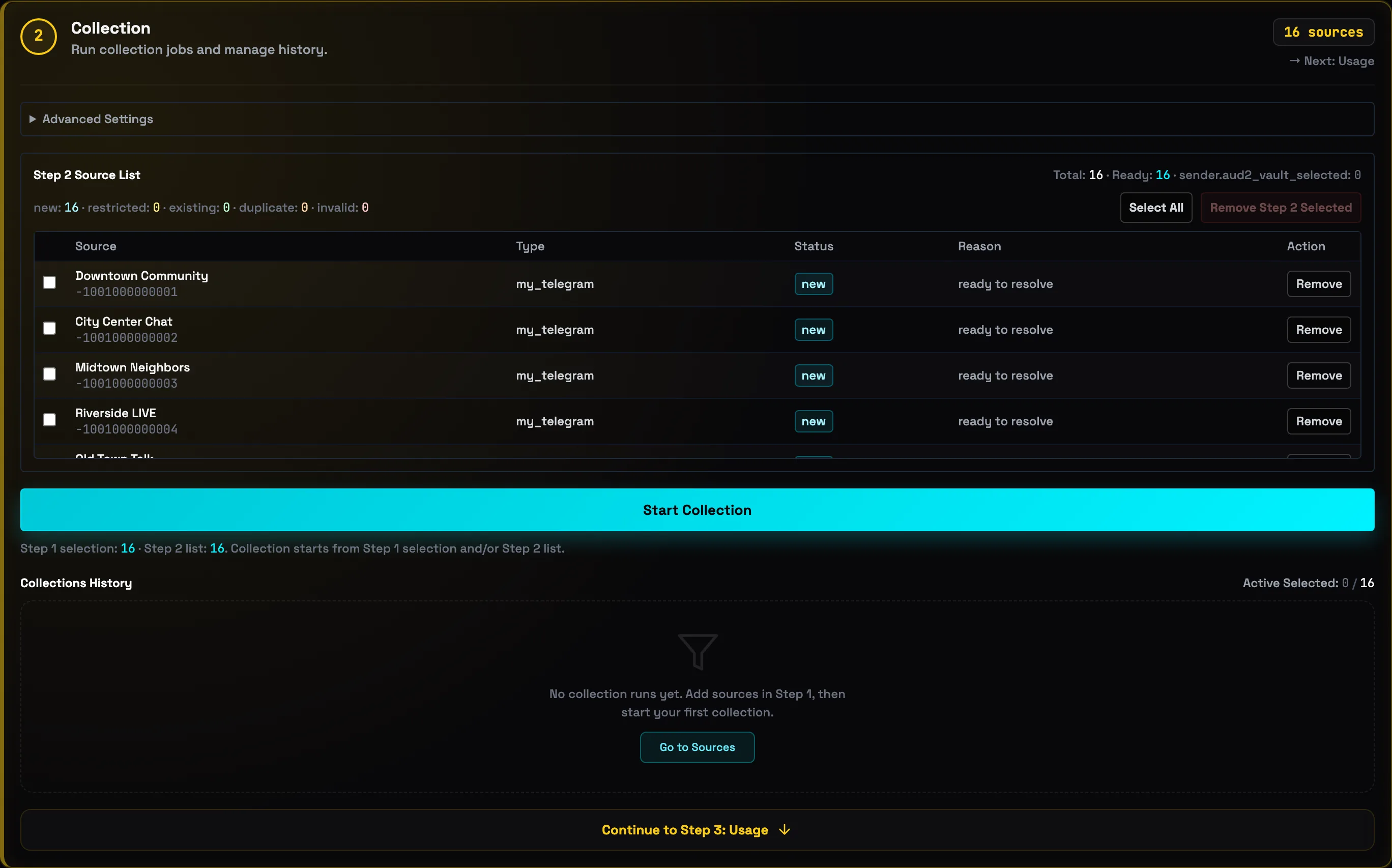 Step 2 Collection: 16 sources in the queue, Start collection button