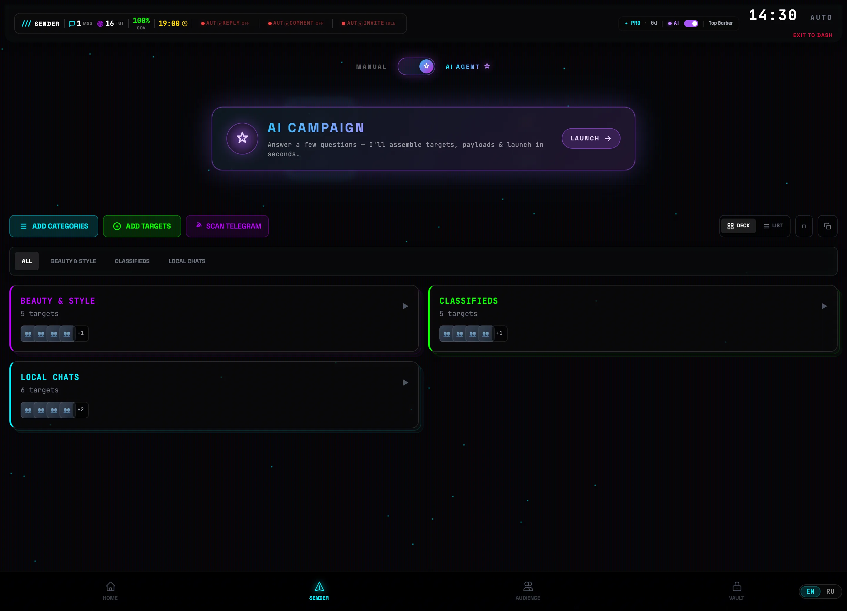 SENDER tab: the AUTOCOMMENT pill in the header opens the auto-comment engine