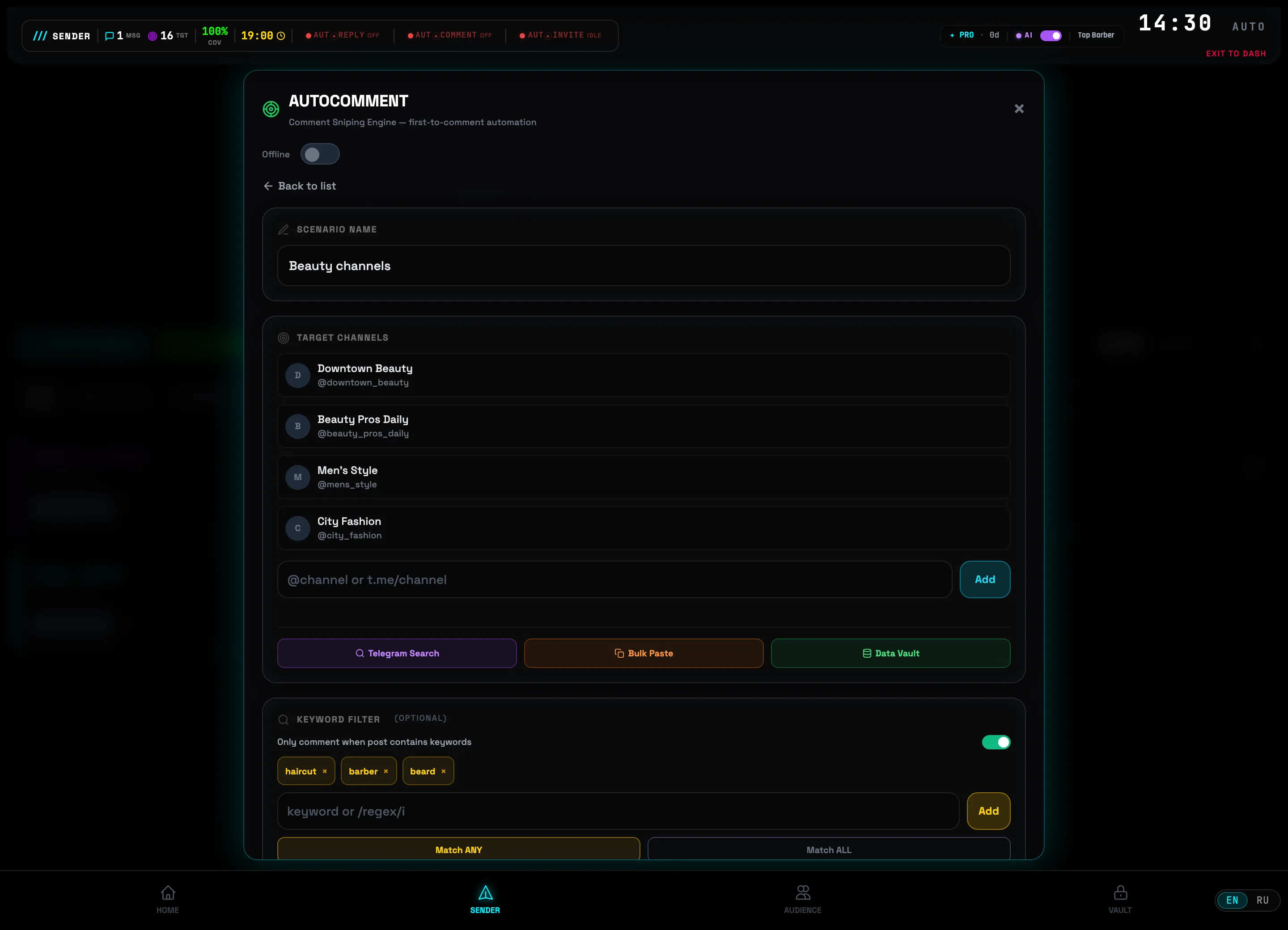 Scenario editor: name 'Beauty channels NYC' and the list of target channels