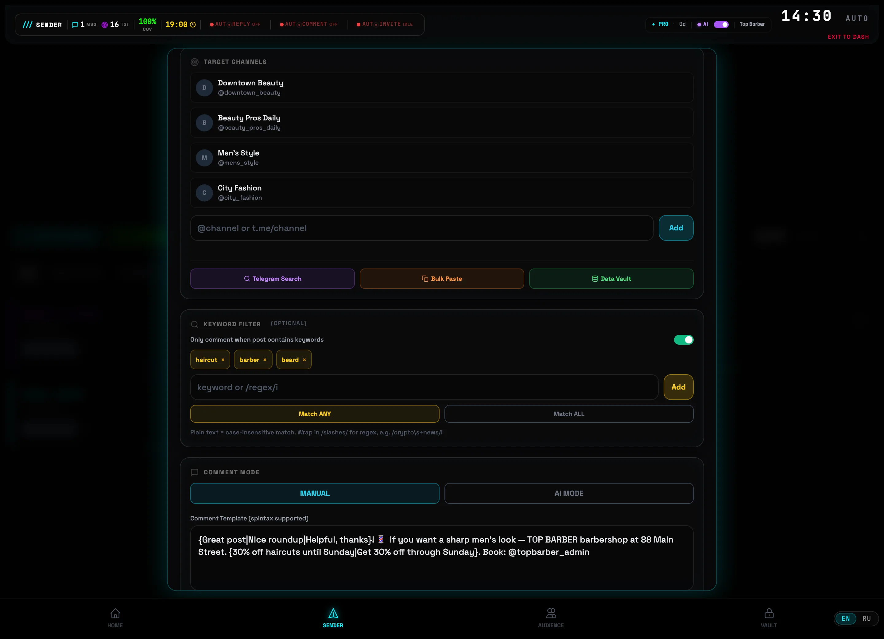 MANUAL mode: spintax comment template and keyword filter