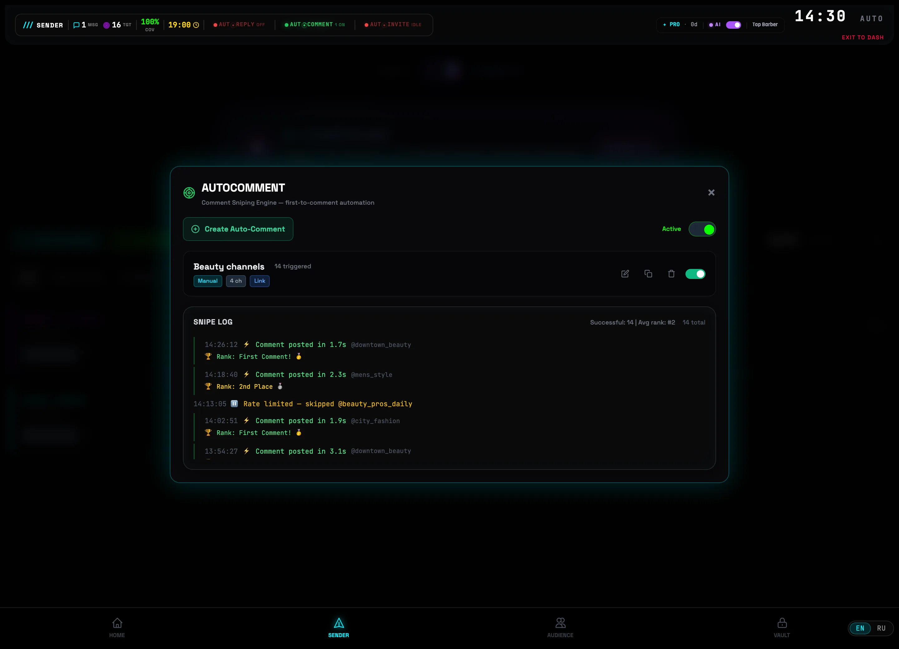 Engine Active: master toggle on, SNIPING LOG with a feed of fired comments