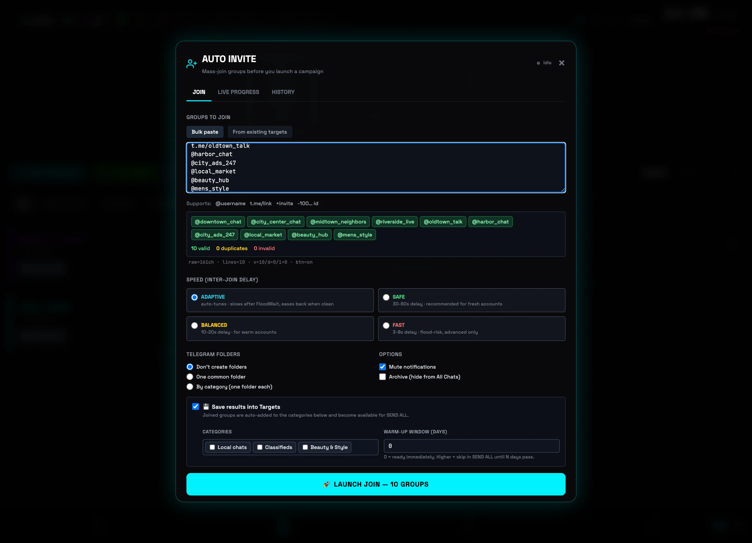 Speed settings: ADAPTIVE, SAFE, BALANCED, FAST and join options