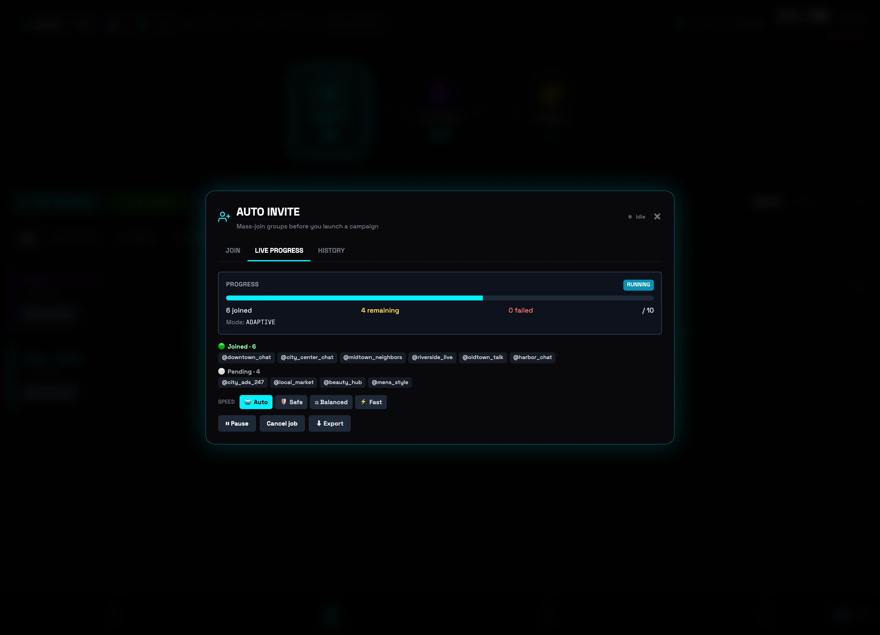 PROGRESS tab: 60% bar, 6 joined, queue by status