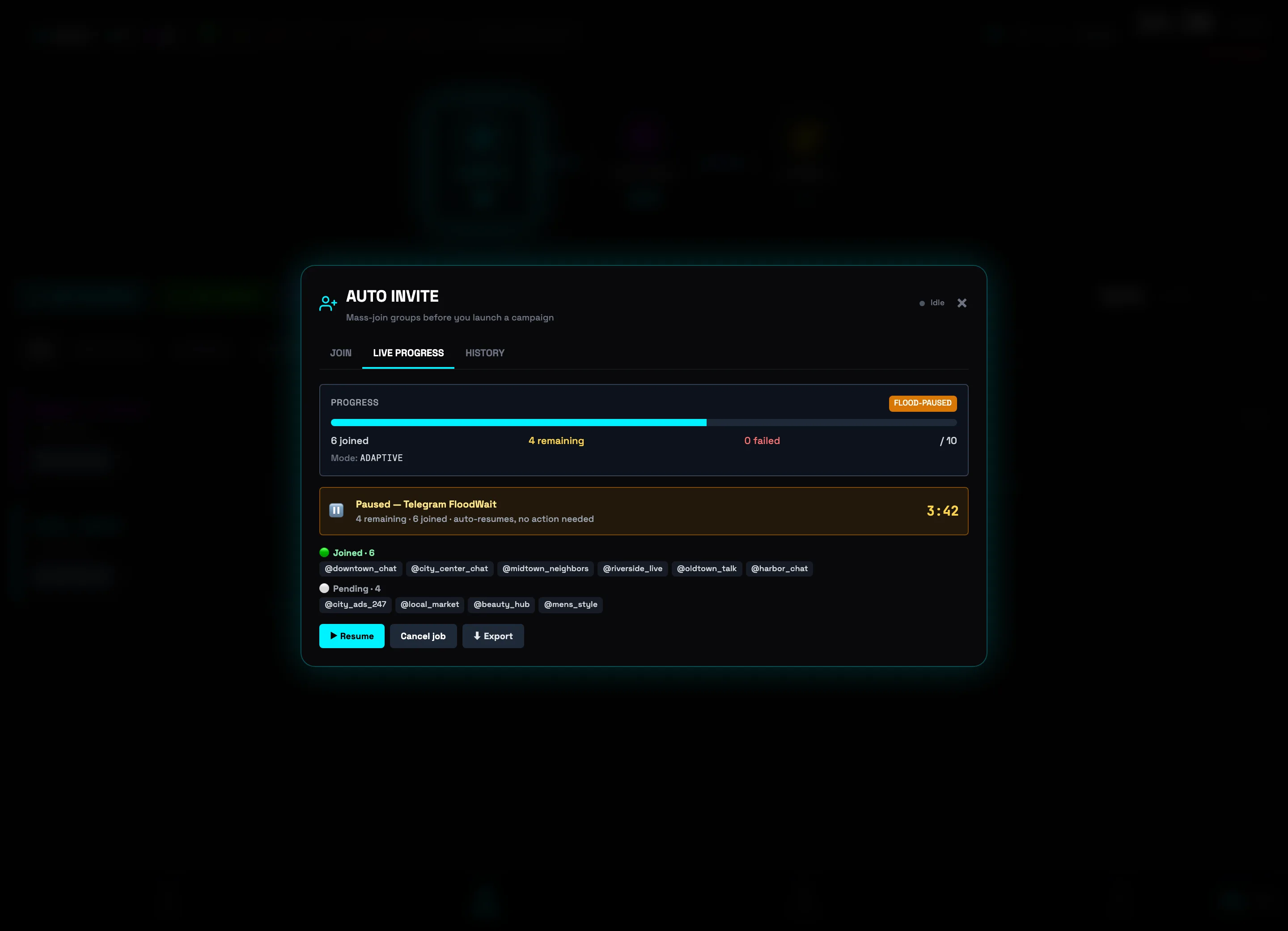 Paused — Telegram FloodWait banner with a 3:42 countdown and a Resume button