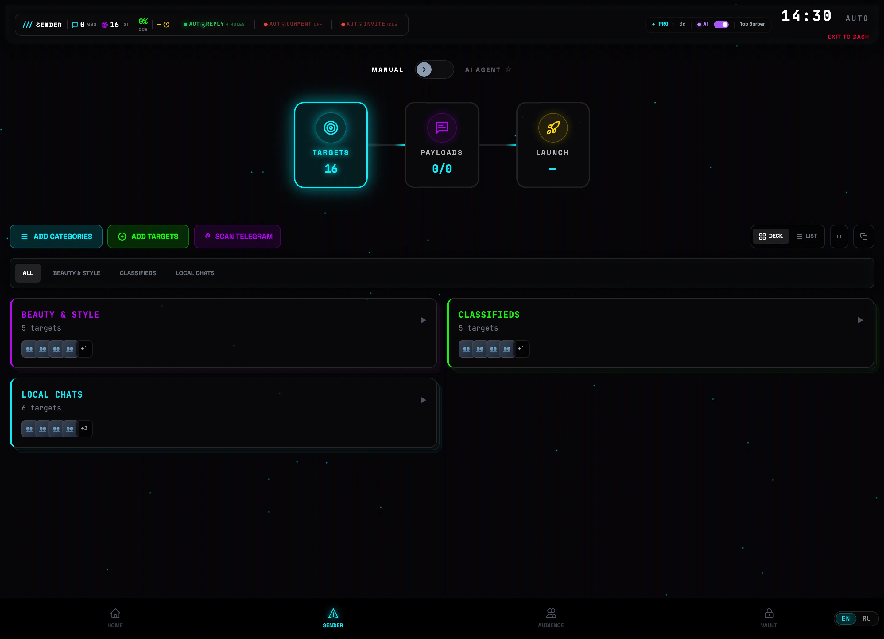 HUD in the account header: AUTOREPLY button with a counter of active rules