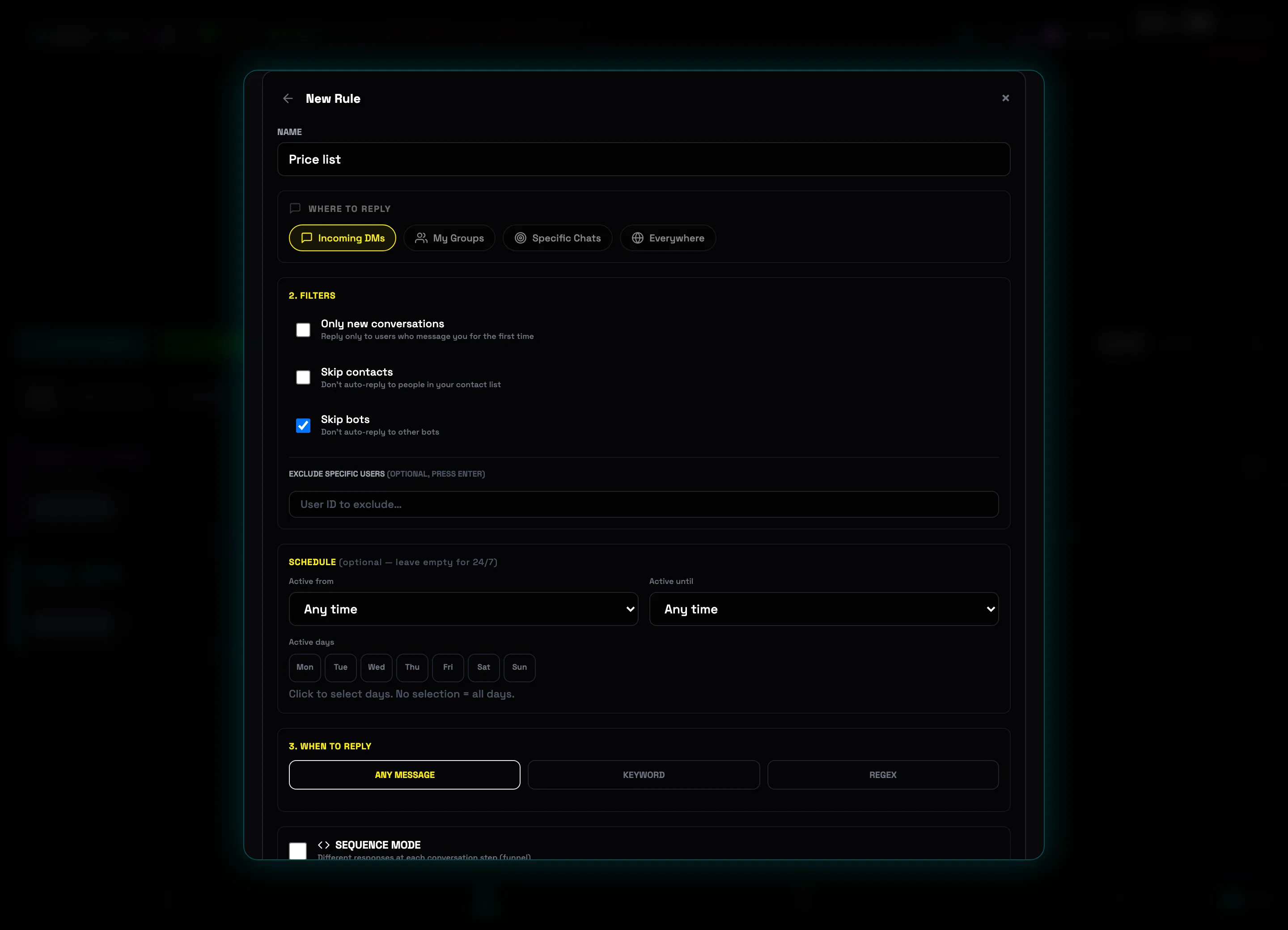 Rule editor: NAME field and WHERE TO REPLY choice — Incoming DMs, My groups, Specific chats, Everywhere