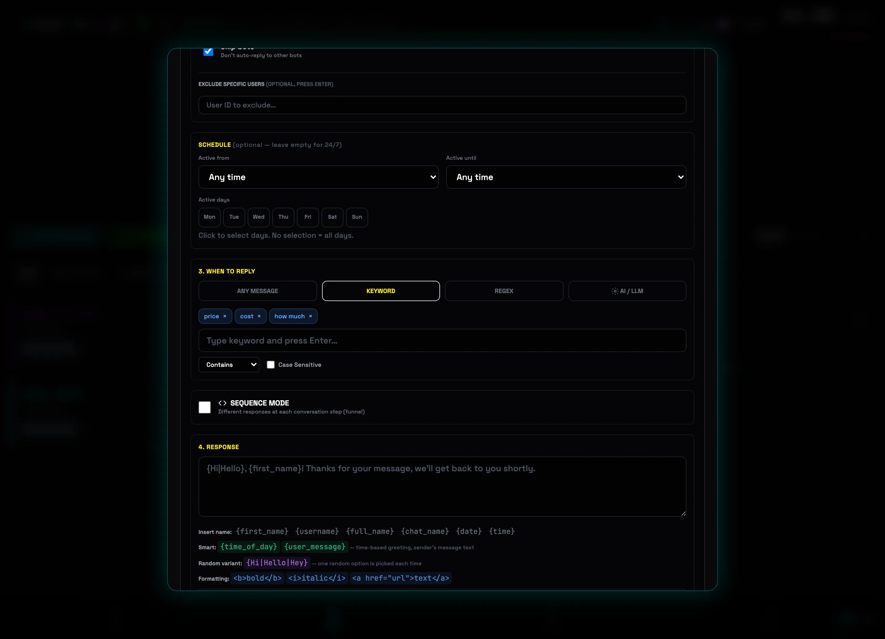 3. WHEN TO REPLY block: KEYWORD trigger and keywords price, cost, how much