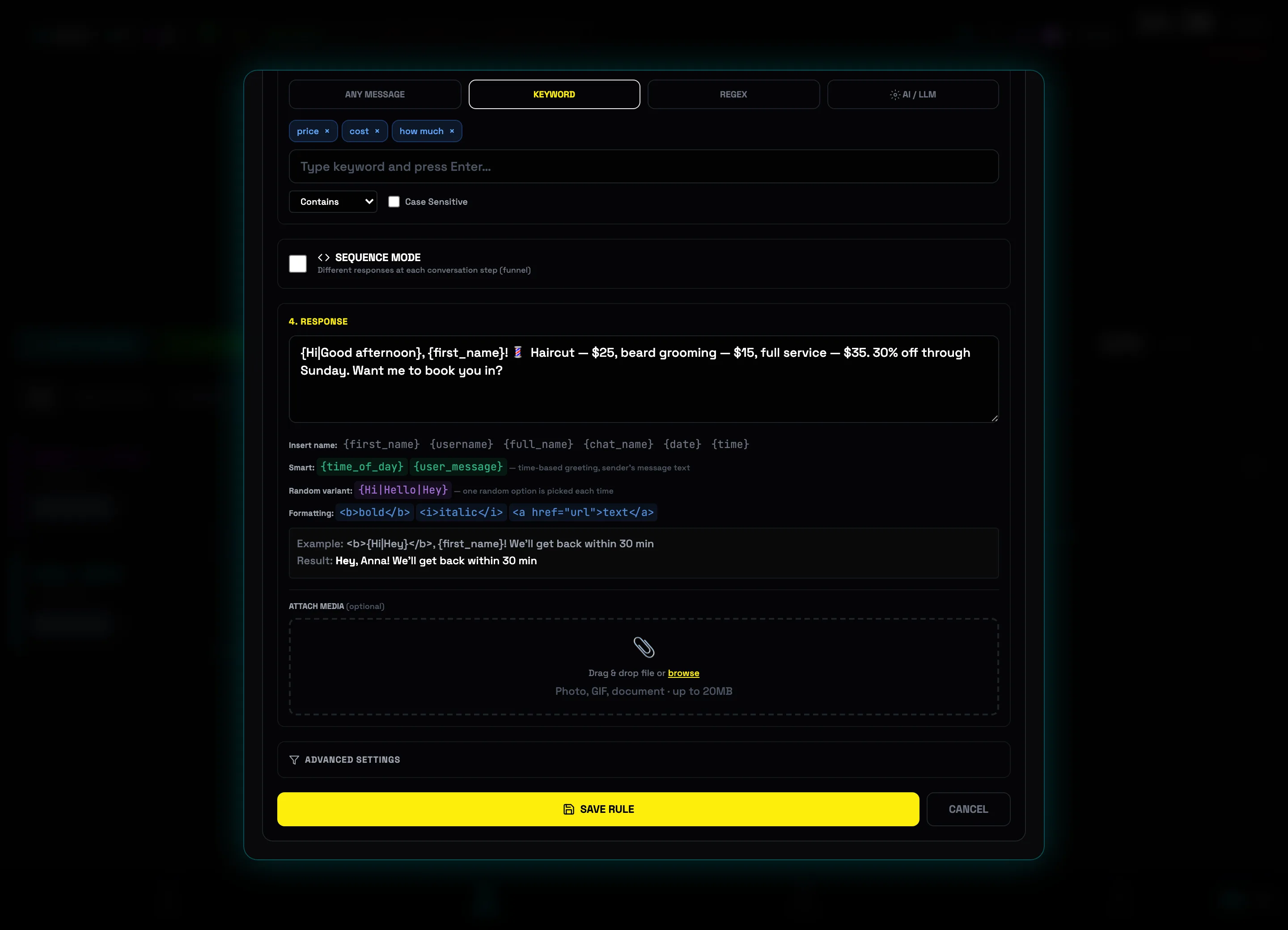 4. REPLY block with barbershop text and spintax, SAVE RULE button