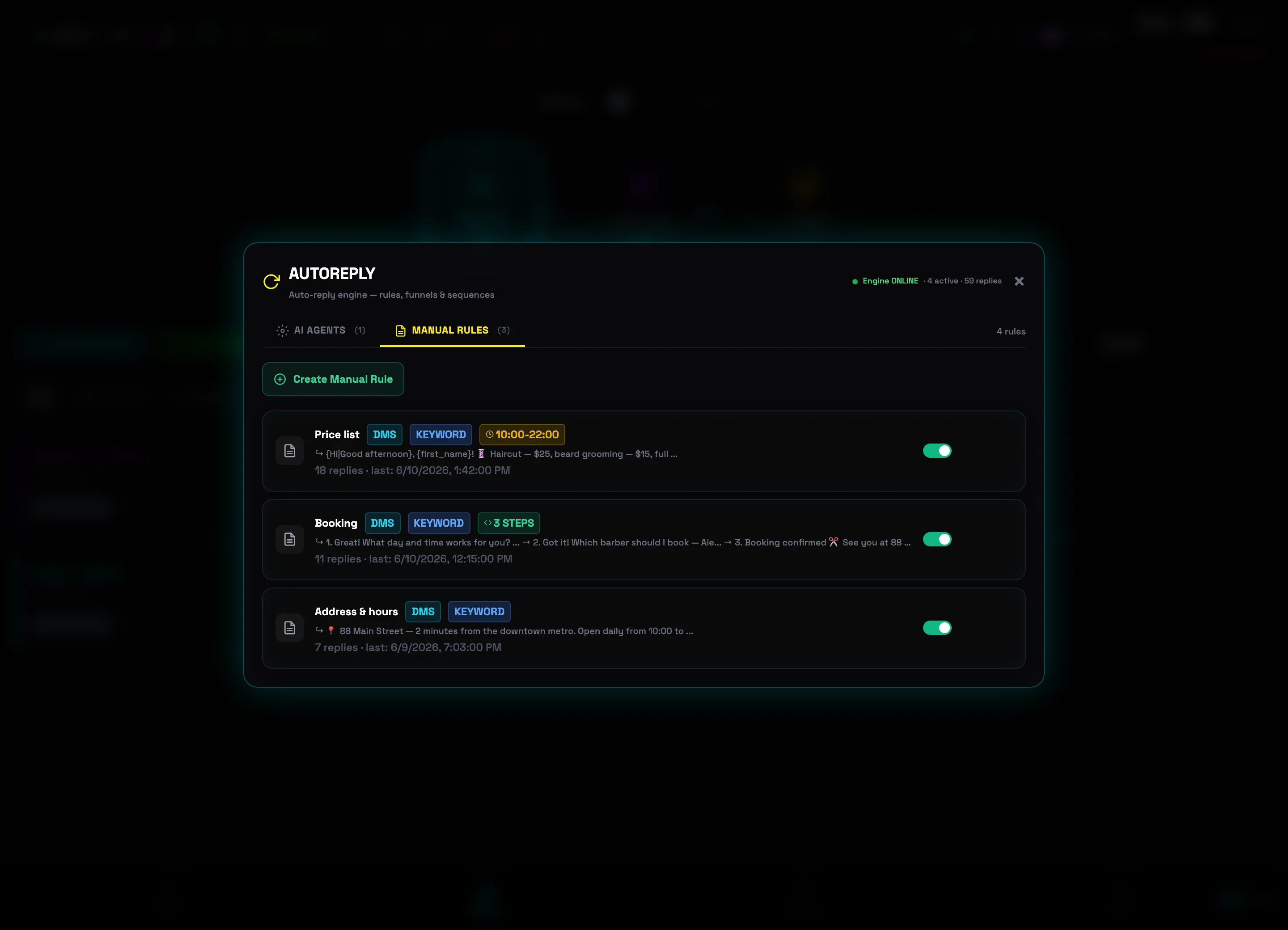 List of rules: enable toggles and trigger counters on the cards