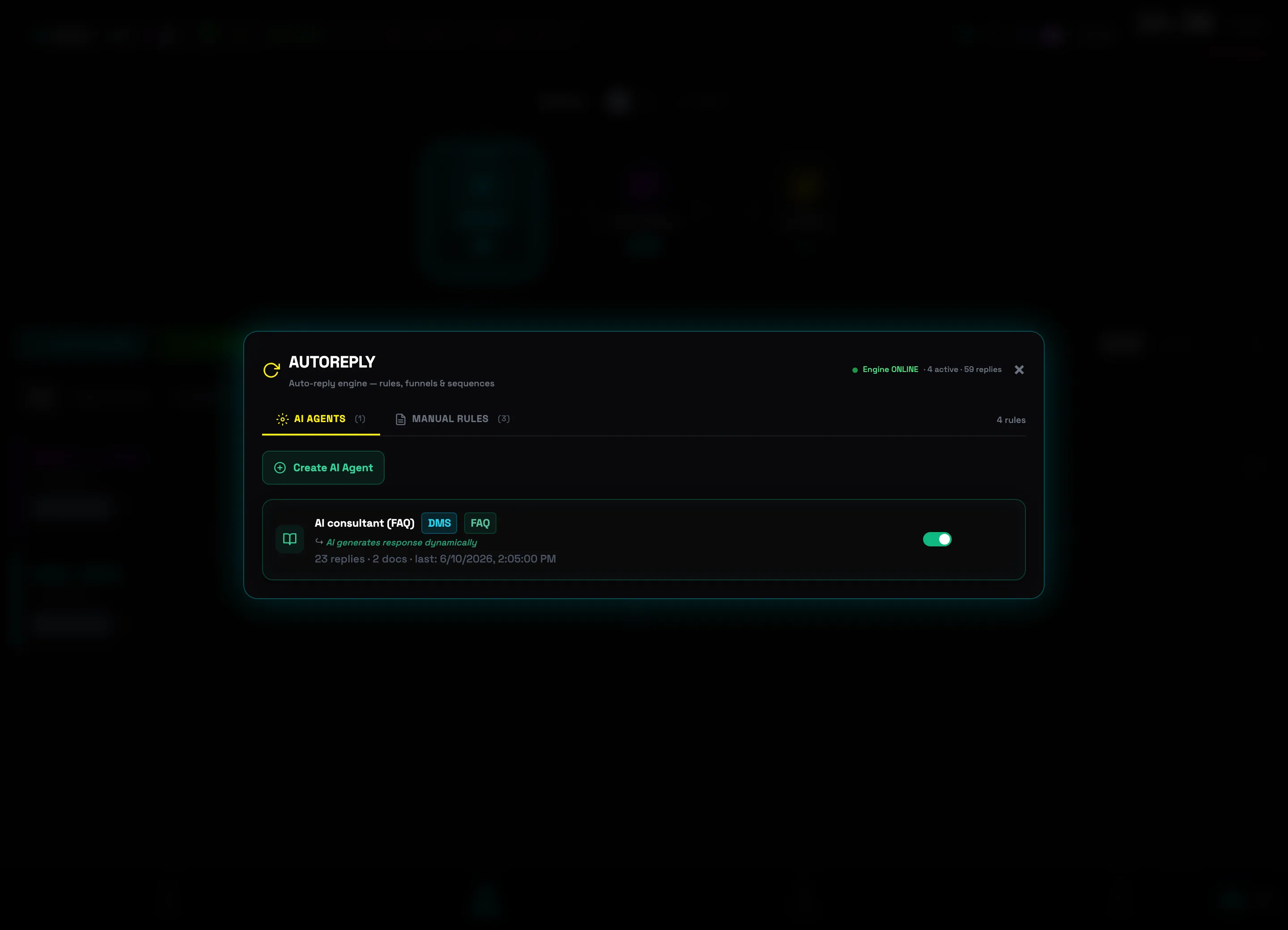 AI AGENTS tab with an AI consultant (FAQ) card and a Create AI agent button