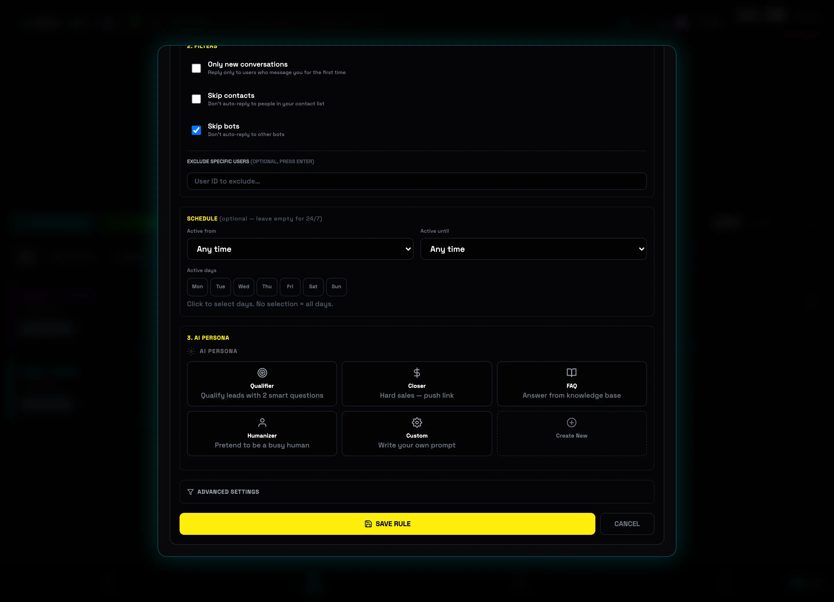 AI persona gallery: Qualifier, Closer, FAQ, Humanizer, Custom, Create new