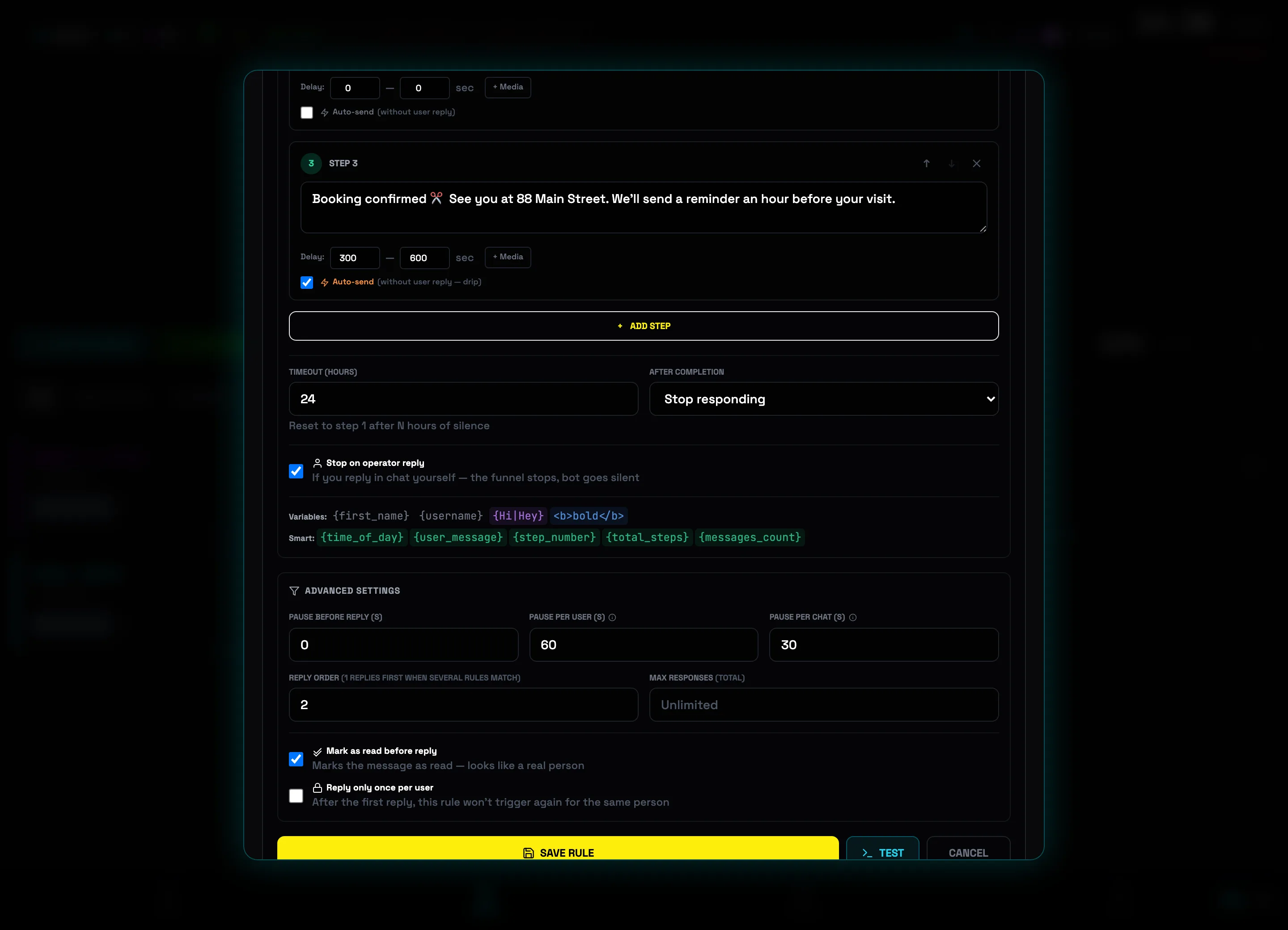 Smart-stop: Stop on operator reply checkbox and advanced settings with pauses and limits