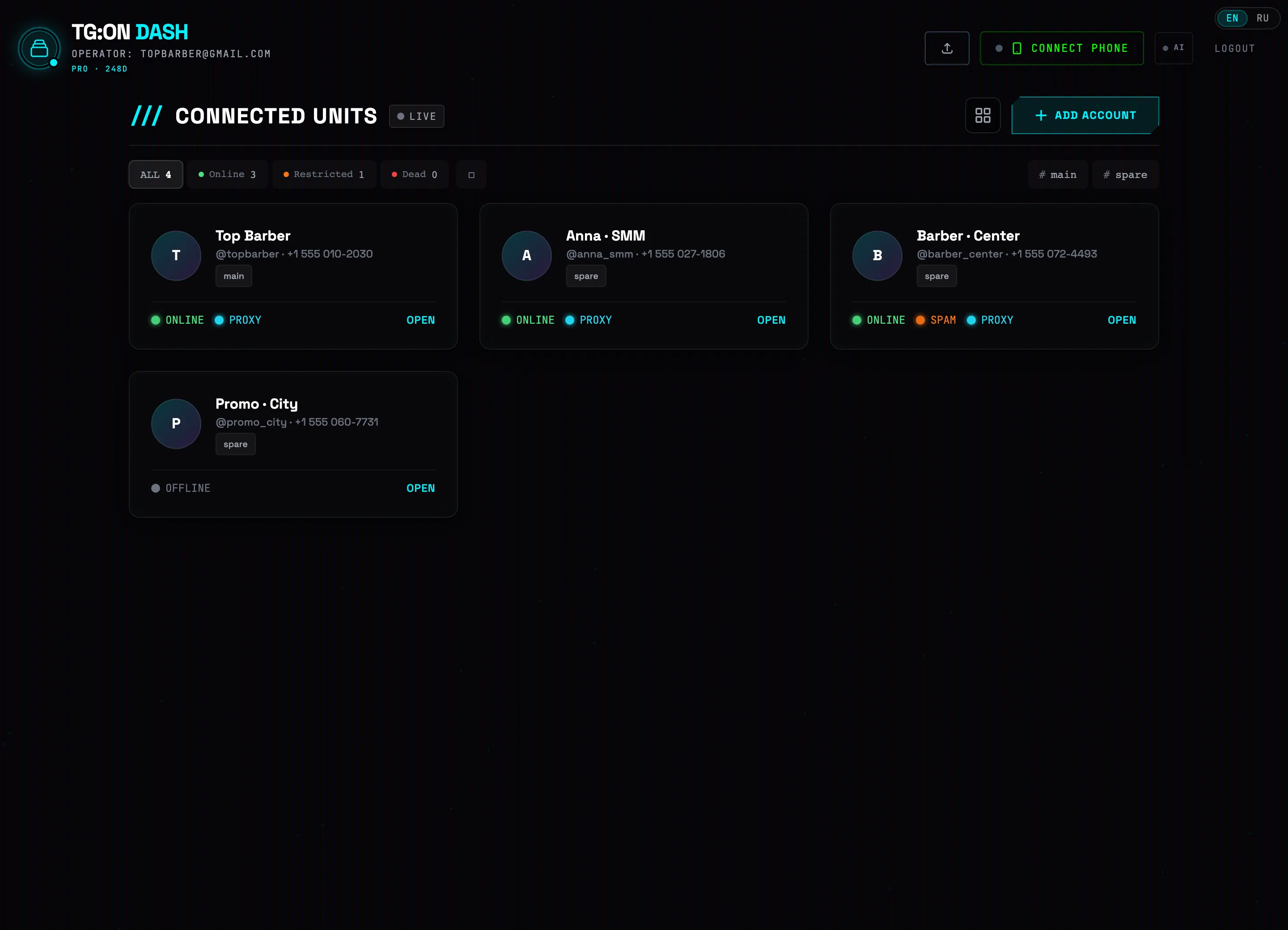 Dashboard: account cards with statuses ONLINE, SPAM, PROXY
