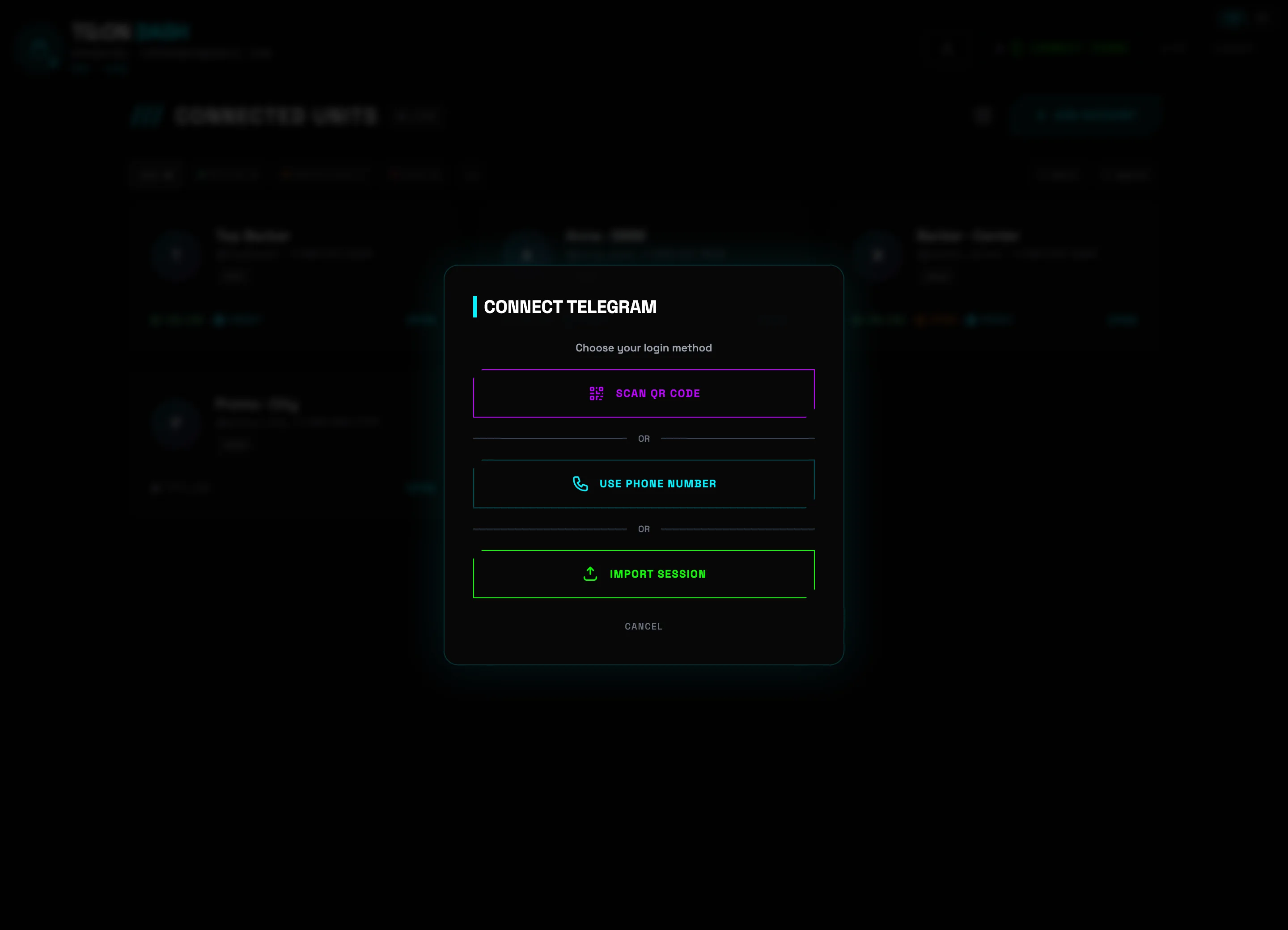 CONNECT TELEGRAM window: QR code, phone number, session import