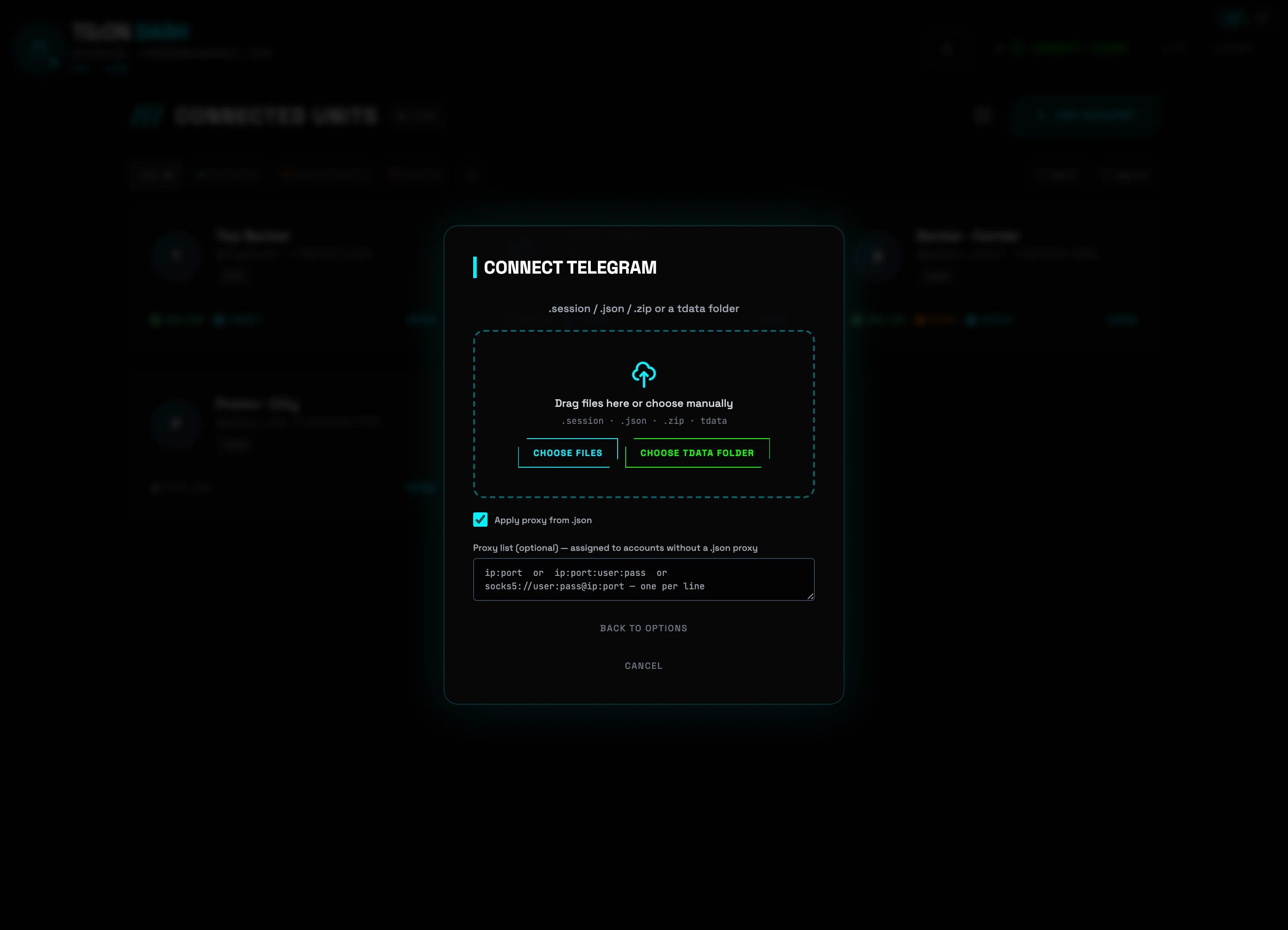Session import: drop zone for .session, .json, .zip and tdata