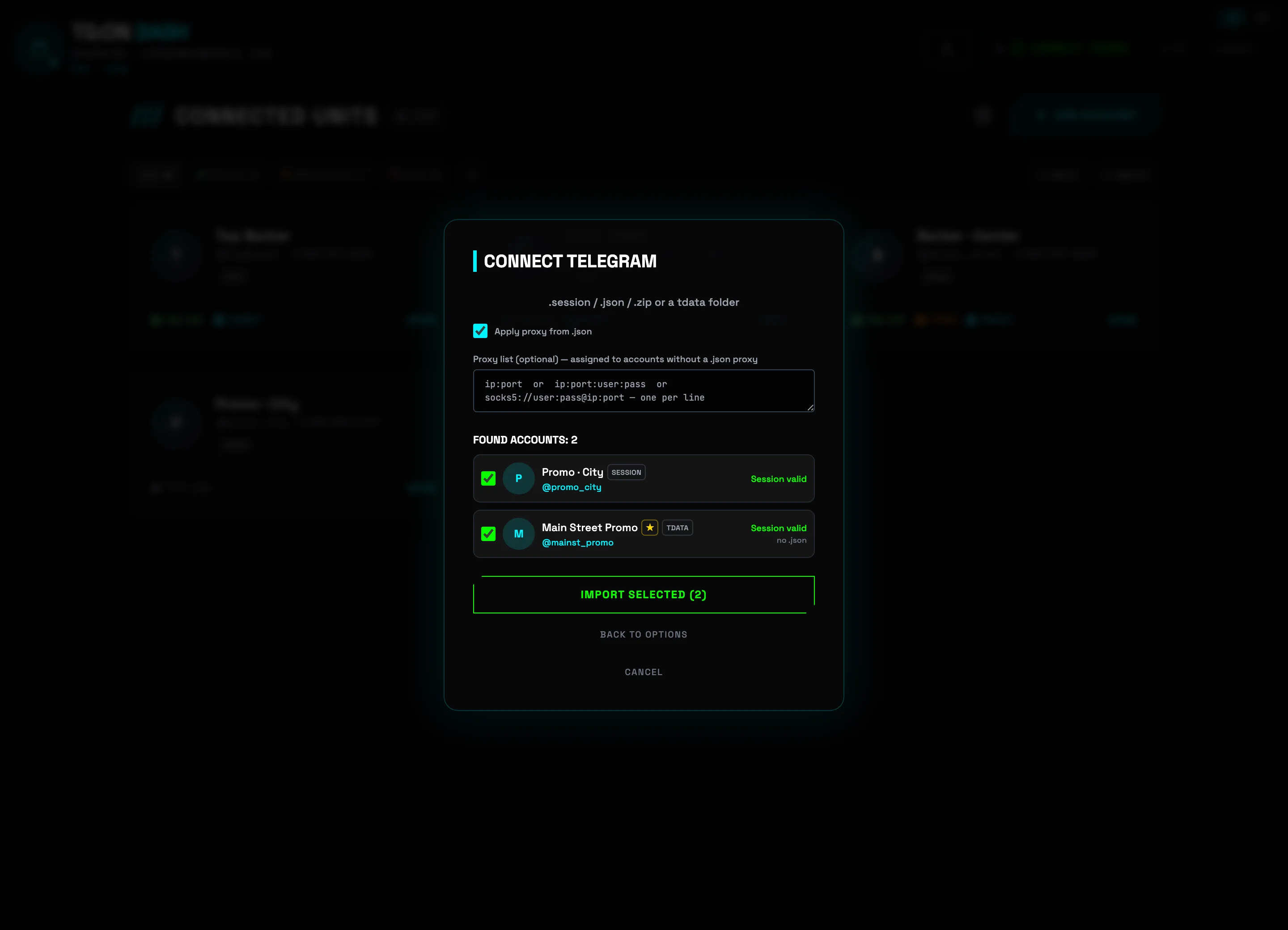 Import result: 2 accounts found, status Session valid