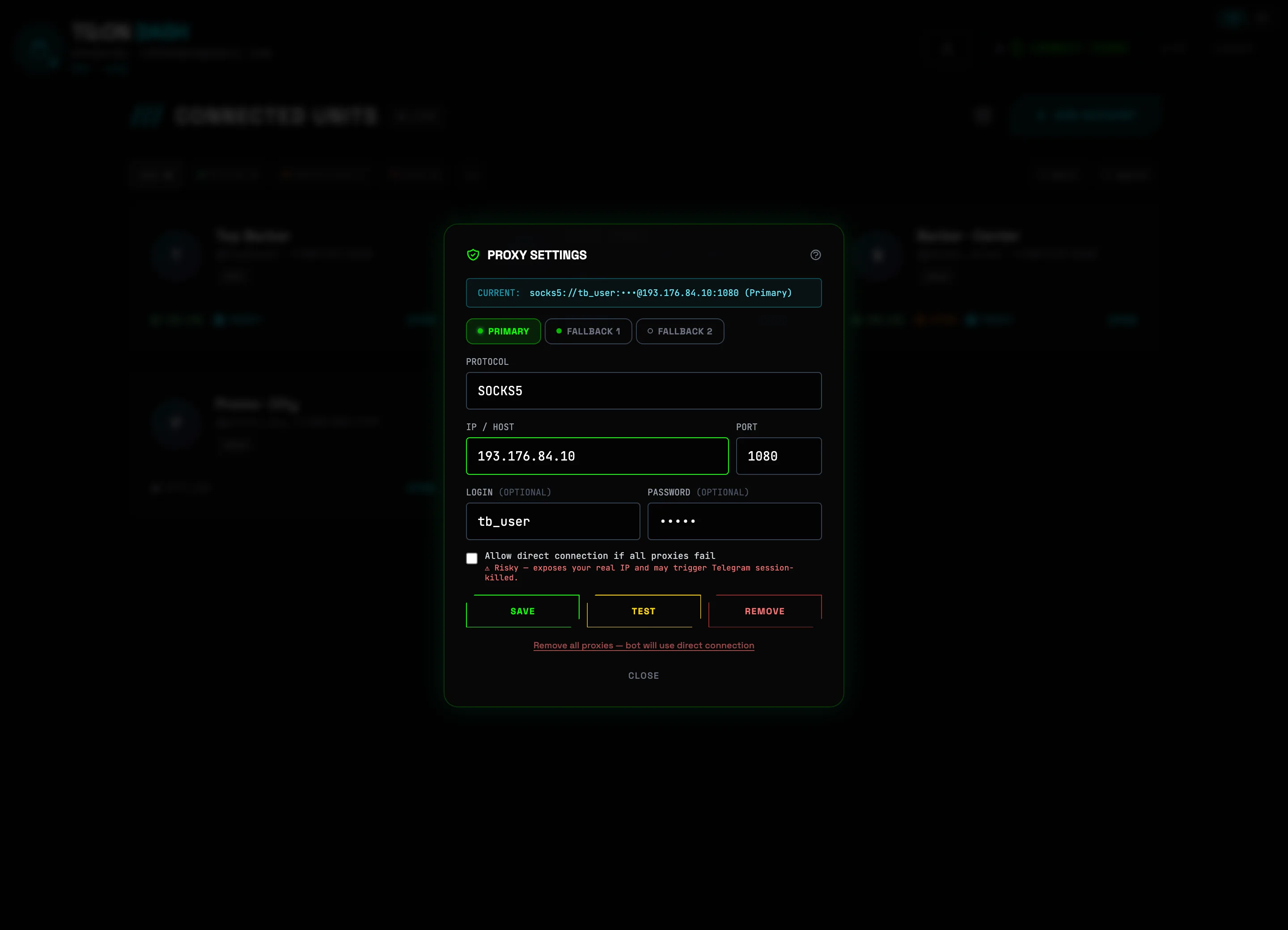 Proxy settings: primary and backup slots, SAVE and TEST buttons
