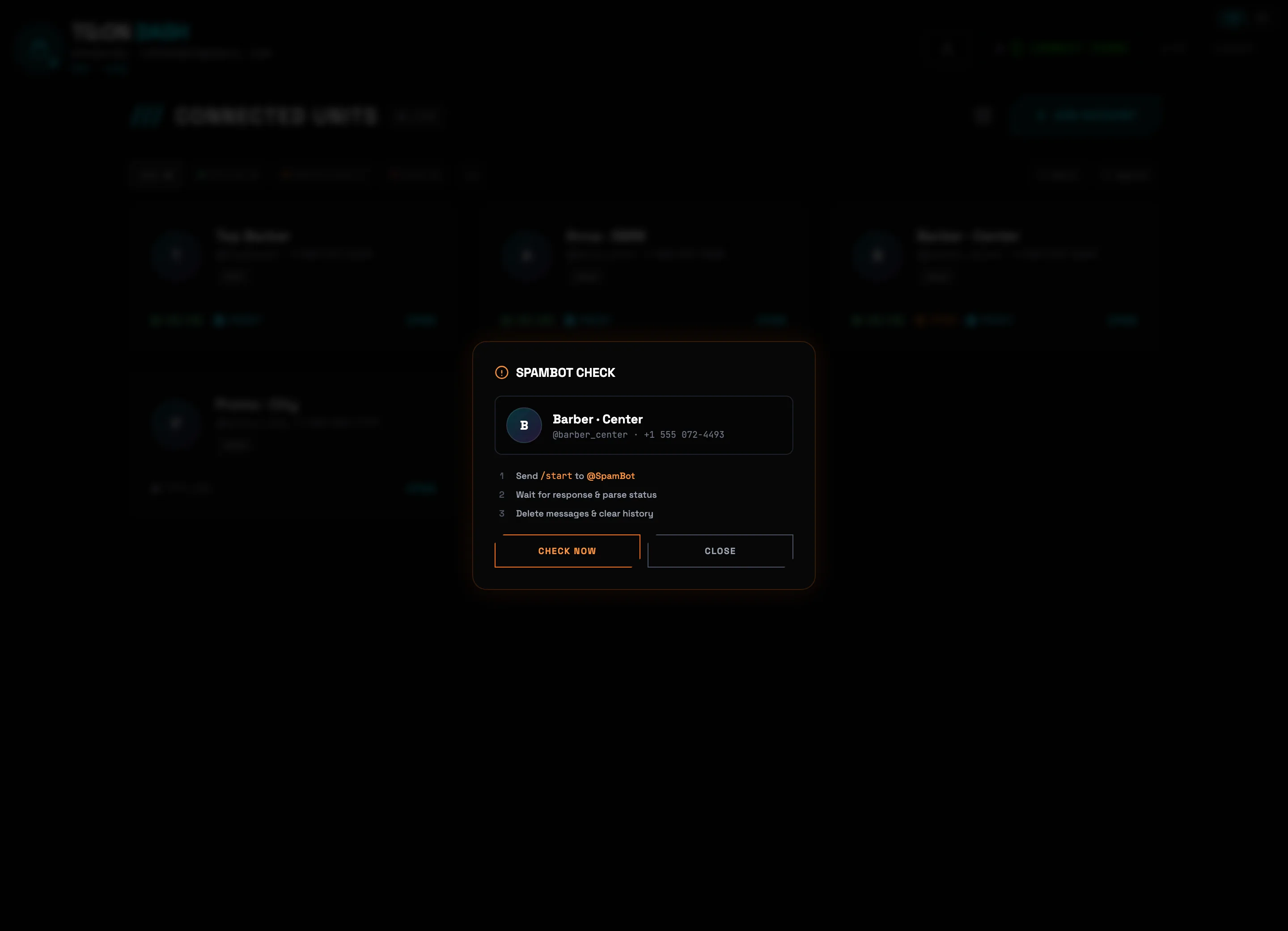 @SPAMBOT CHECK window with check steps and the CHECK NOW button
