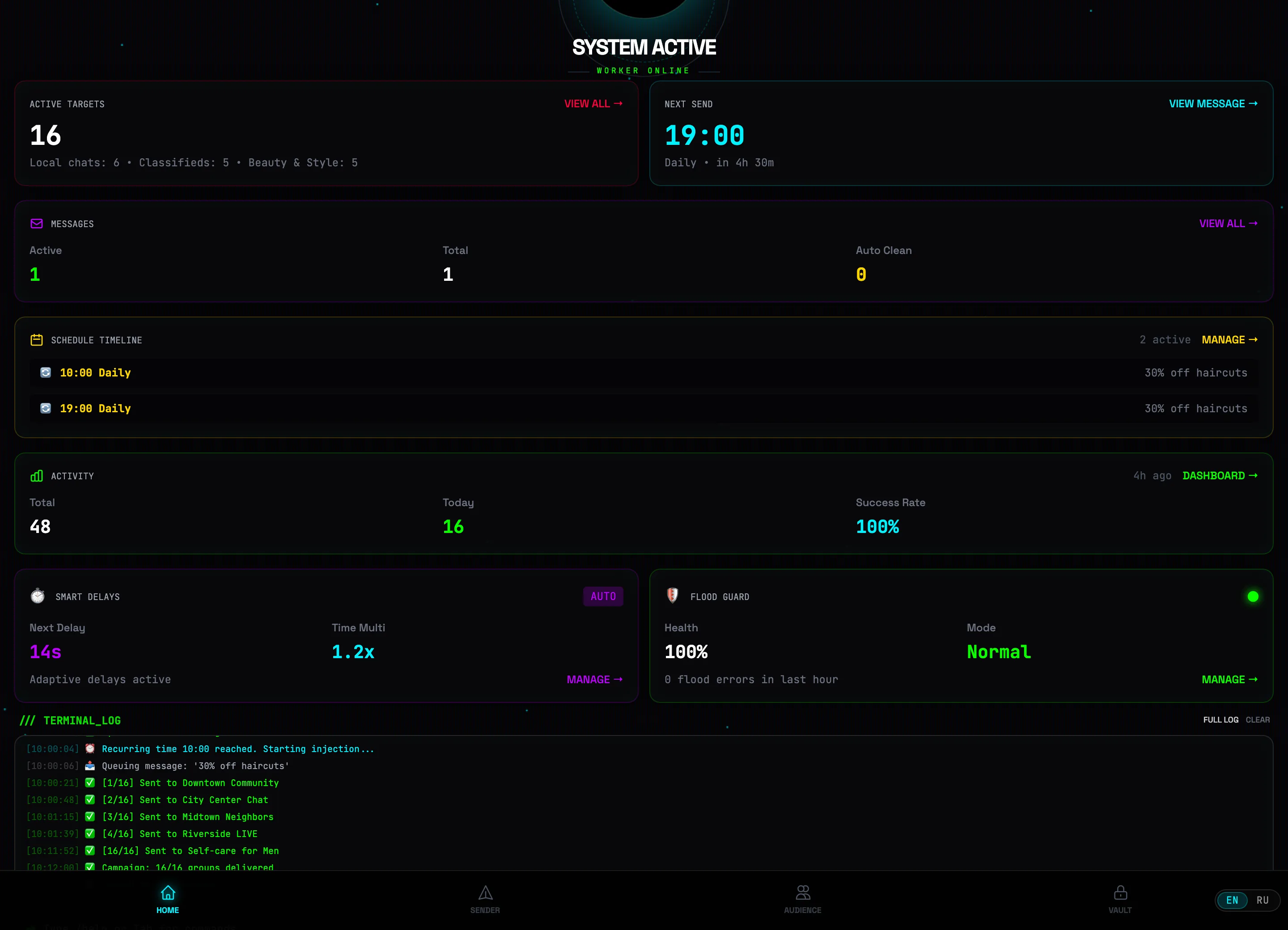 Main screen widgets: active targets, next send, schedule, activity