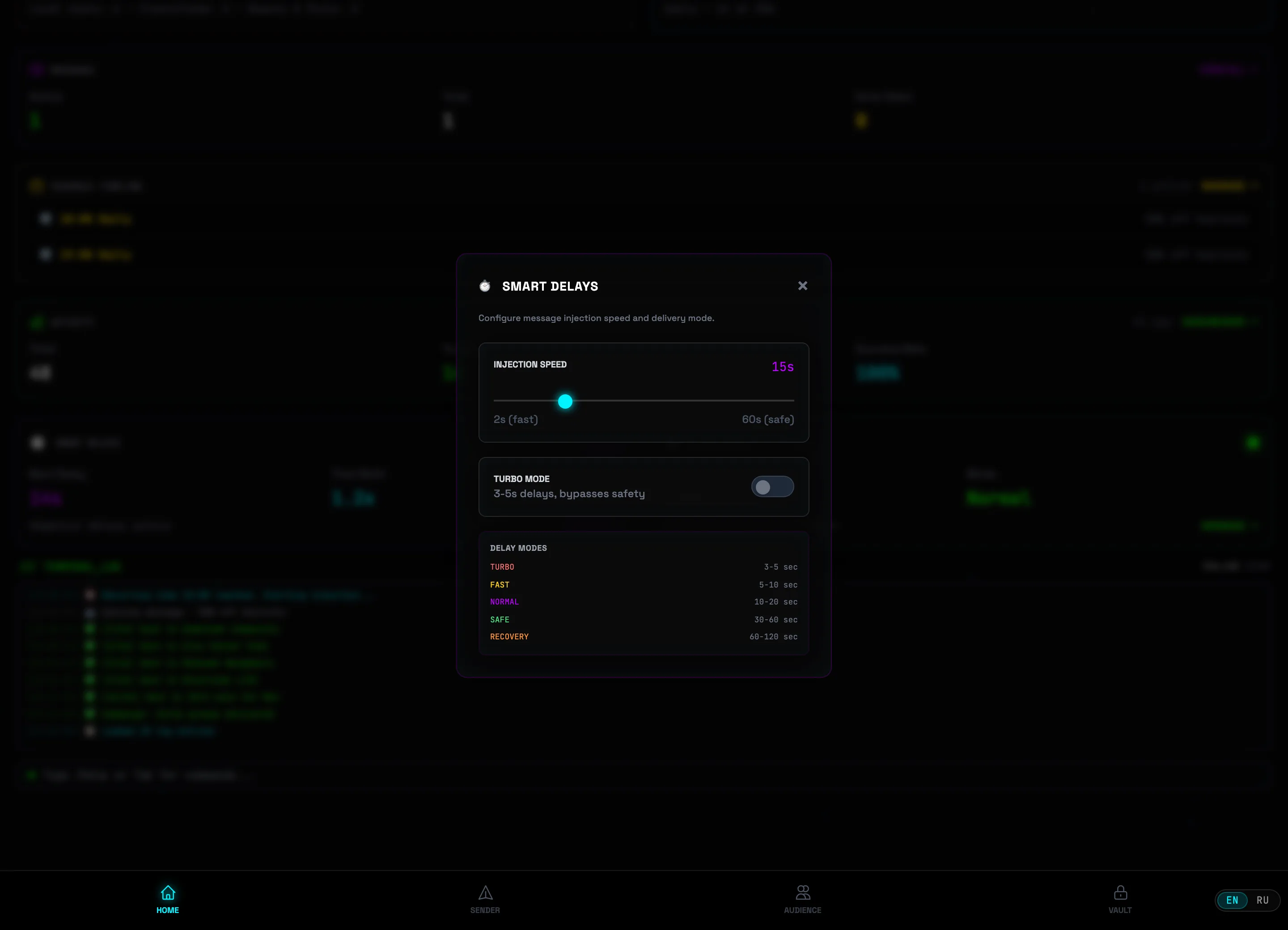 Smart Delays modal: speed slider and delay modes