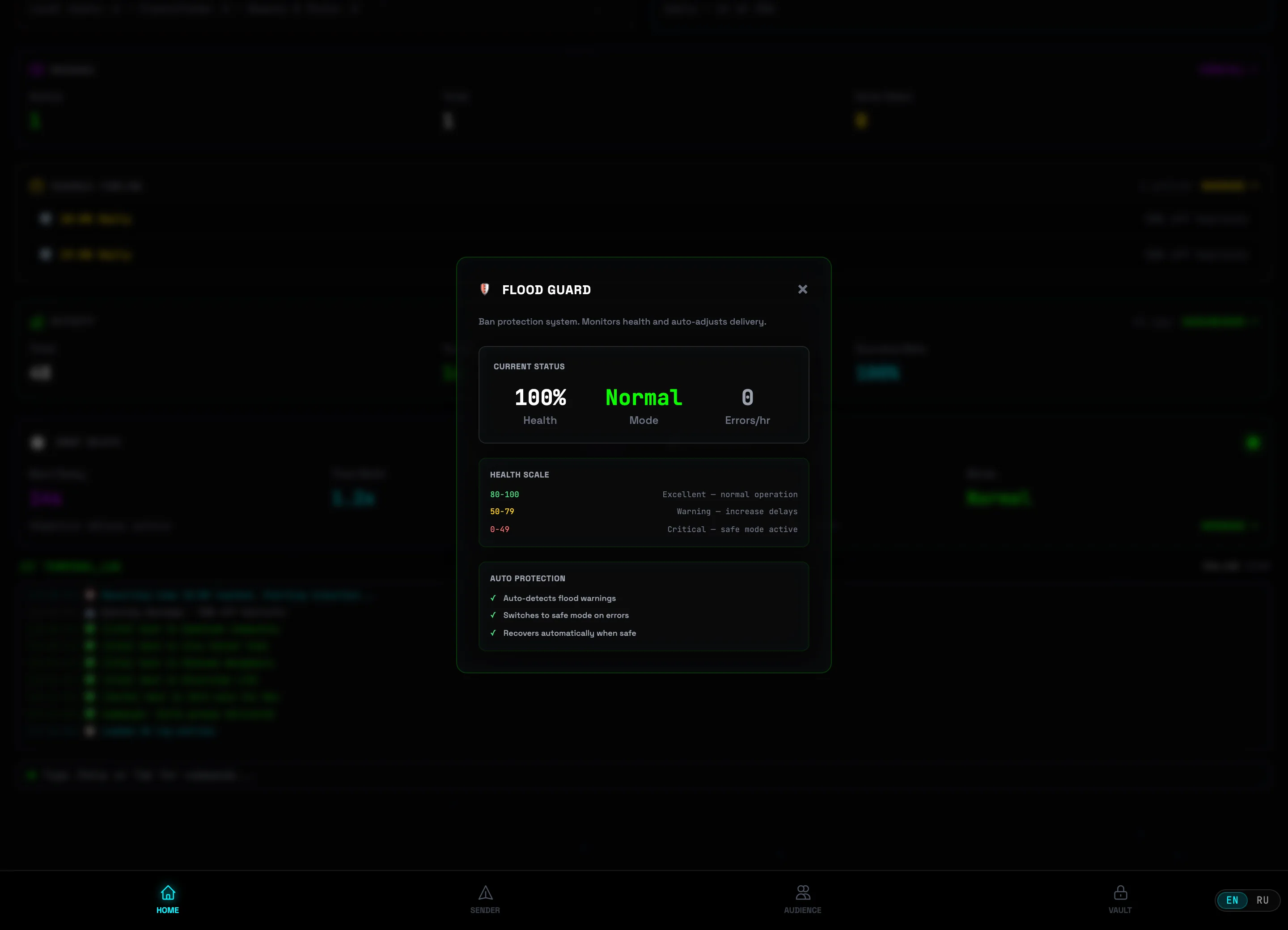 Flood Guard modal: health, mode and health scale