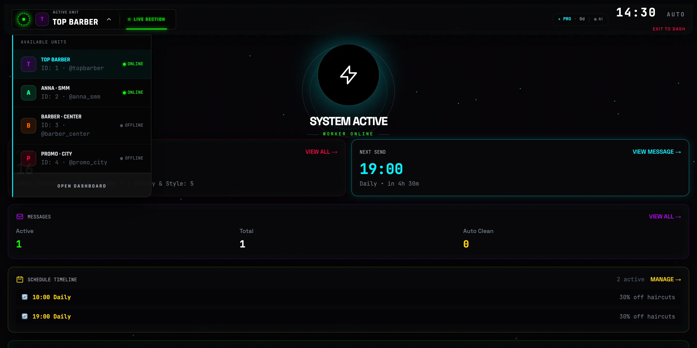 Active account selector with the available units list expanded