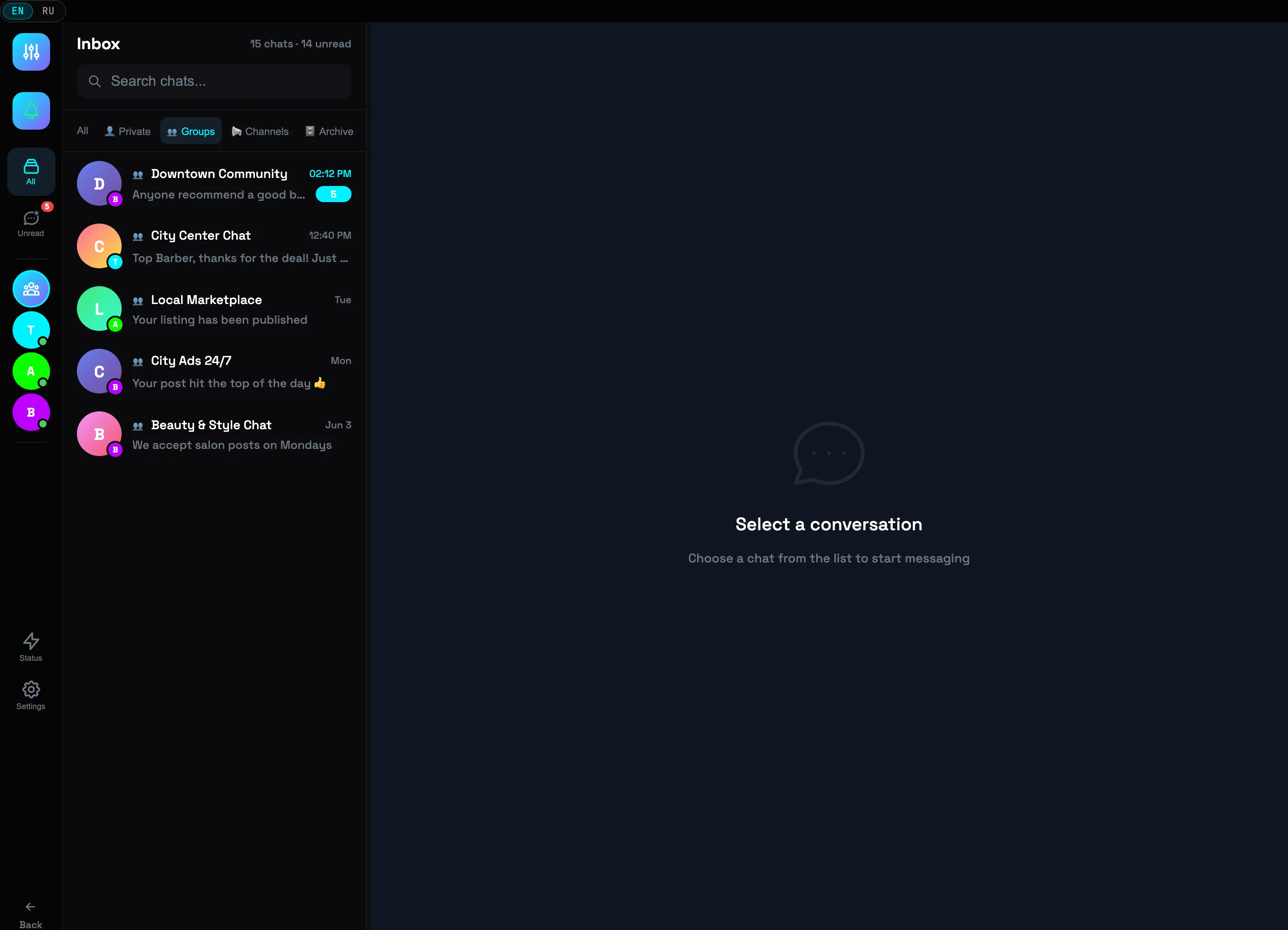 Groups filter — only group chats in the feed