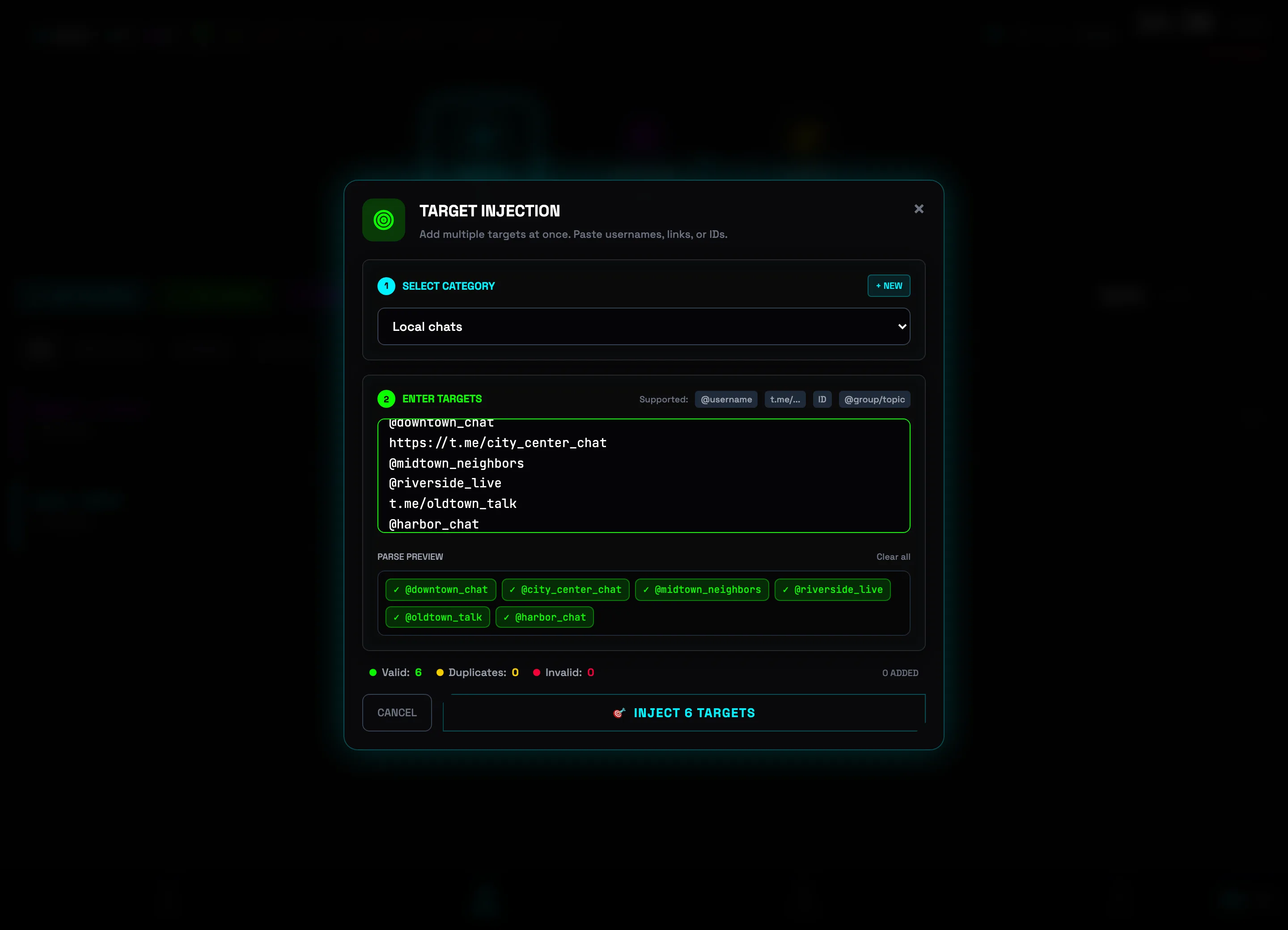 Add targets dialog with pasted links