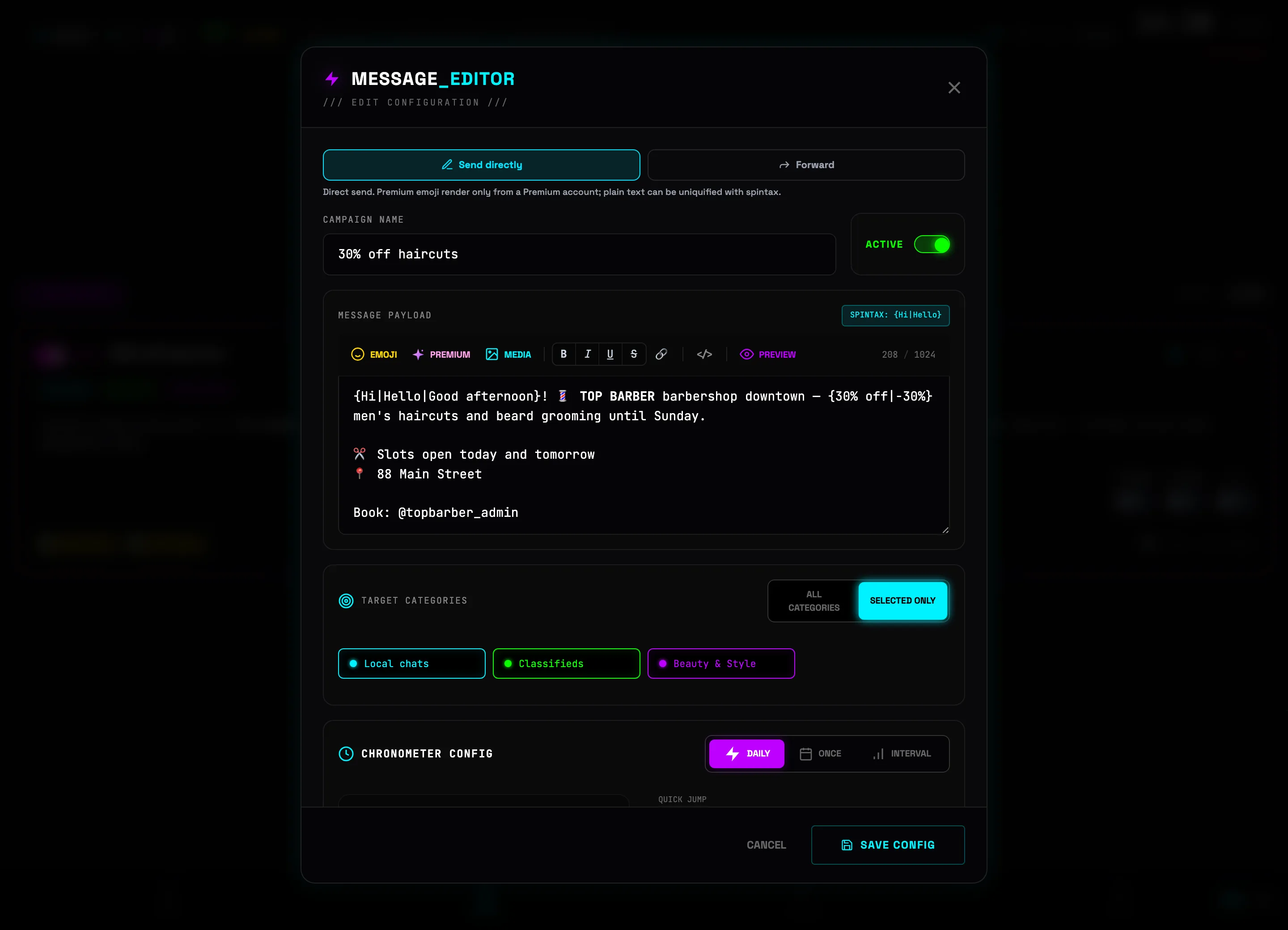 Message editor with spintax