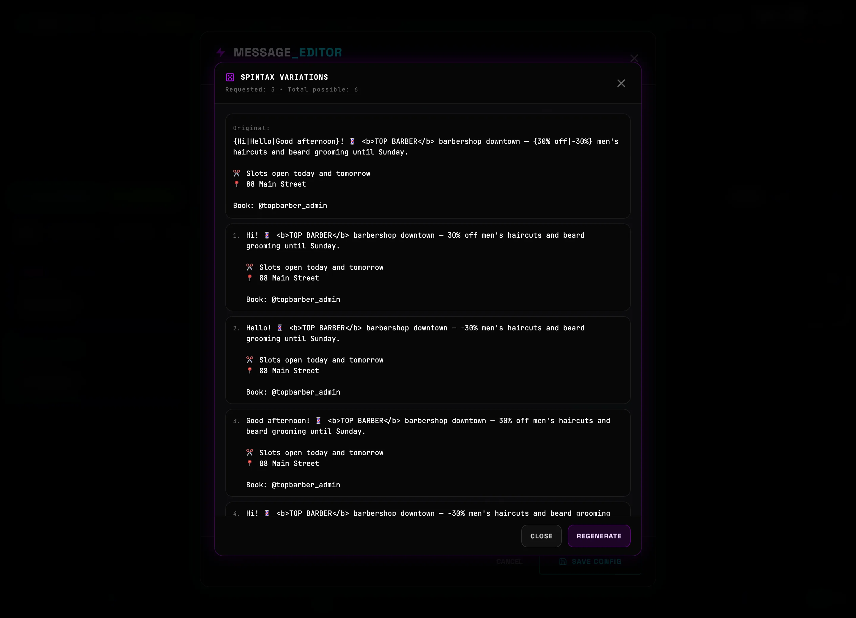 Spintax variations preview in the editor