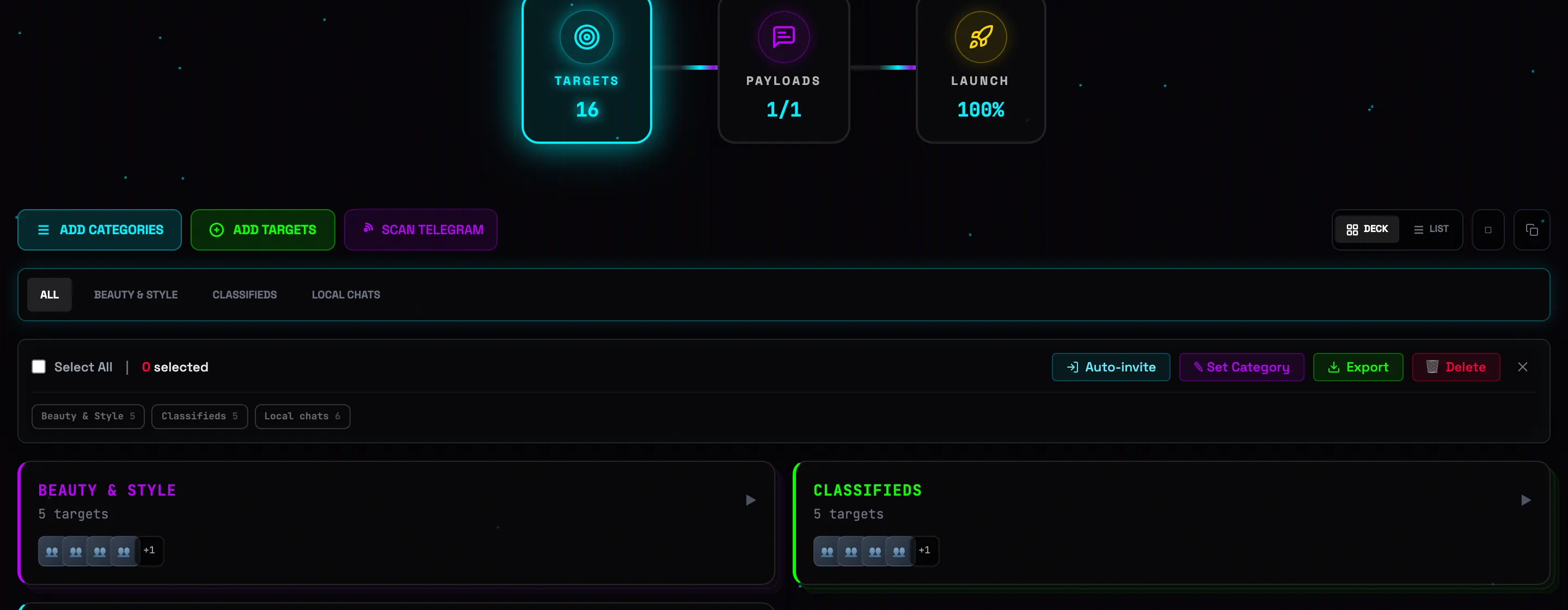 Category tabs and the bulk-actions bar above the target list