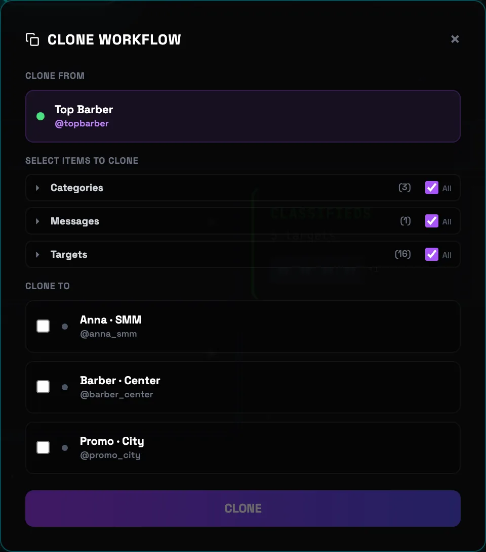 Clone Workflow dialog: pick categories, messages, targets and destination accounts