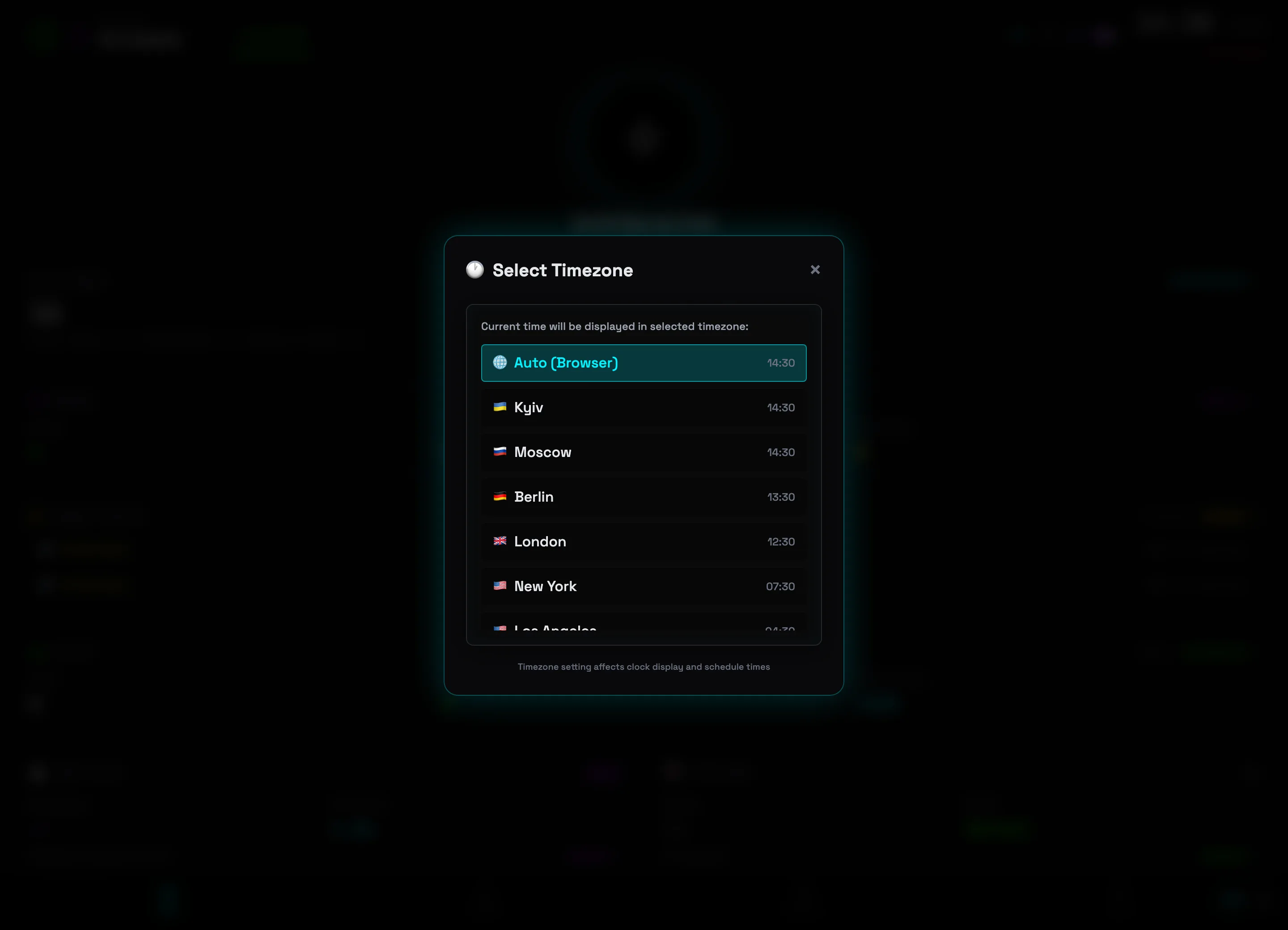 The “Select time zone” window with a list of cities and current times
