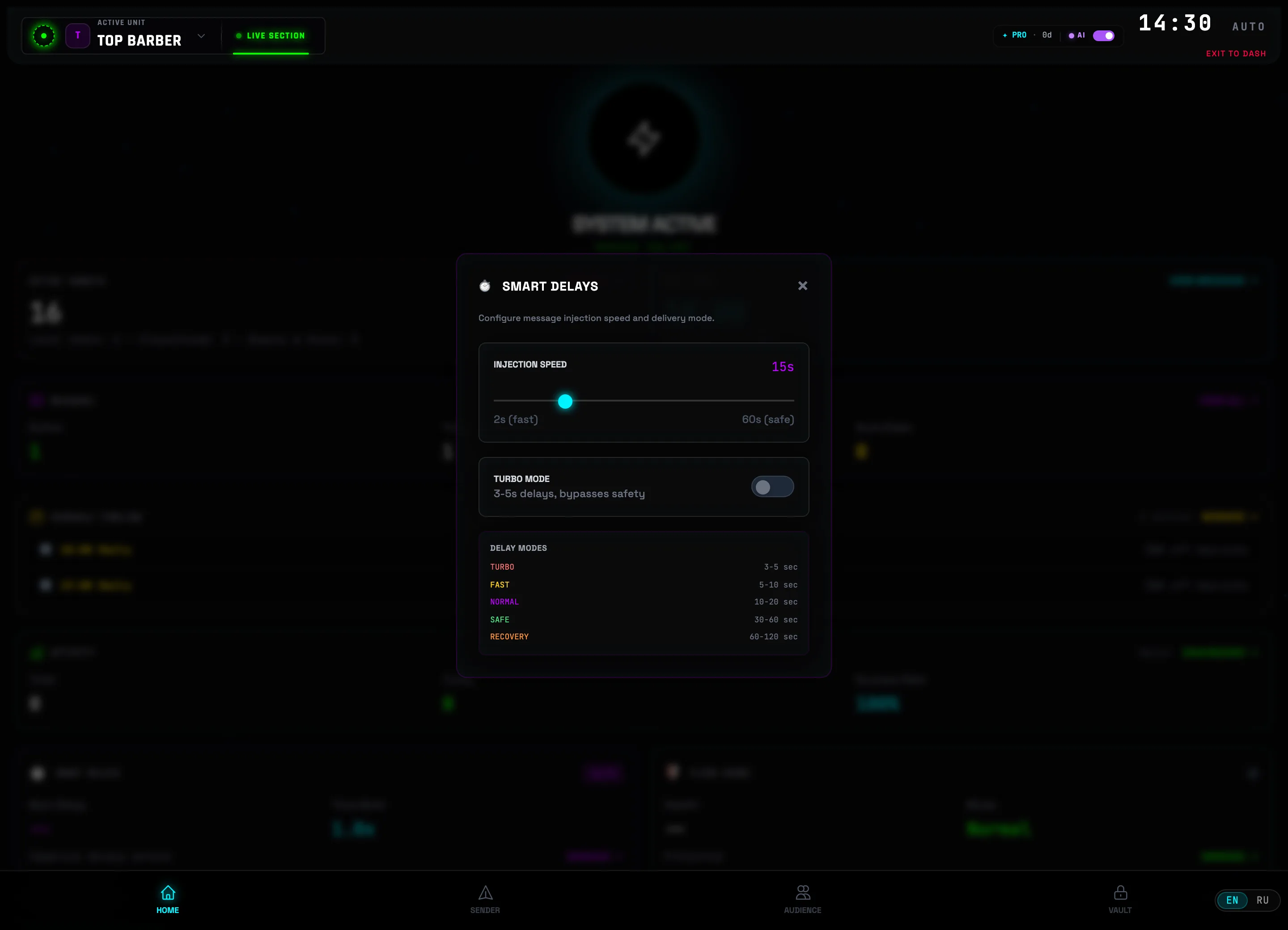 The “Smart Delays” window — send speed slider and turbo mode toggle