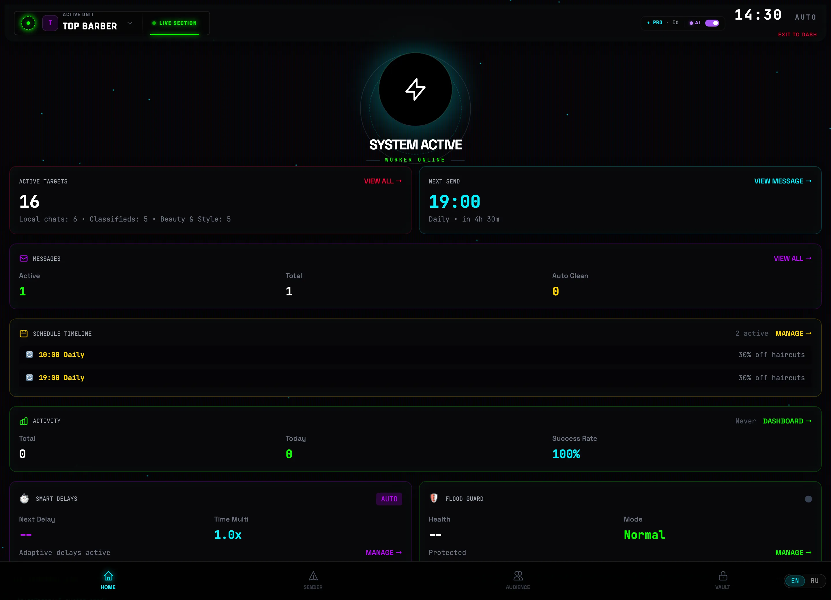 TG:ON bottom navigation bar with the EN/RU language toggle on the right