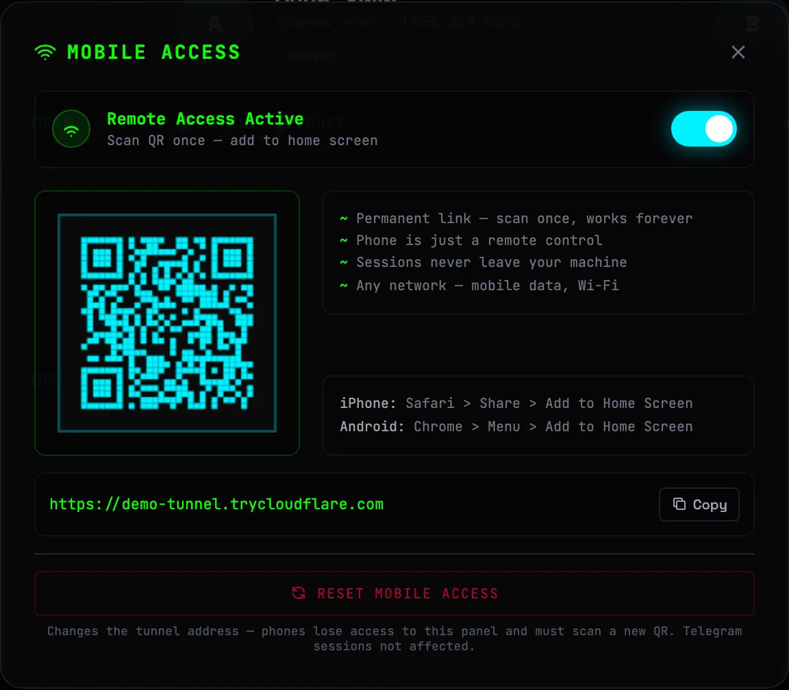 The “Mobile Access” window: active remote access with a QR code and a permanent link