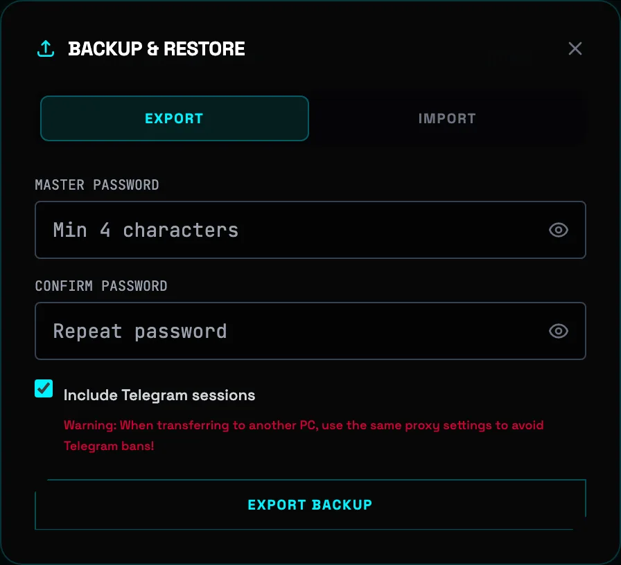 The “Backup and restore” window: export with a master password and the Telegram sessions option