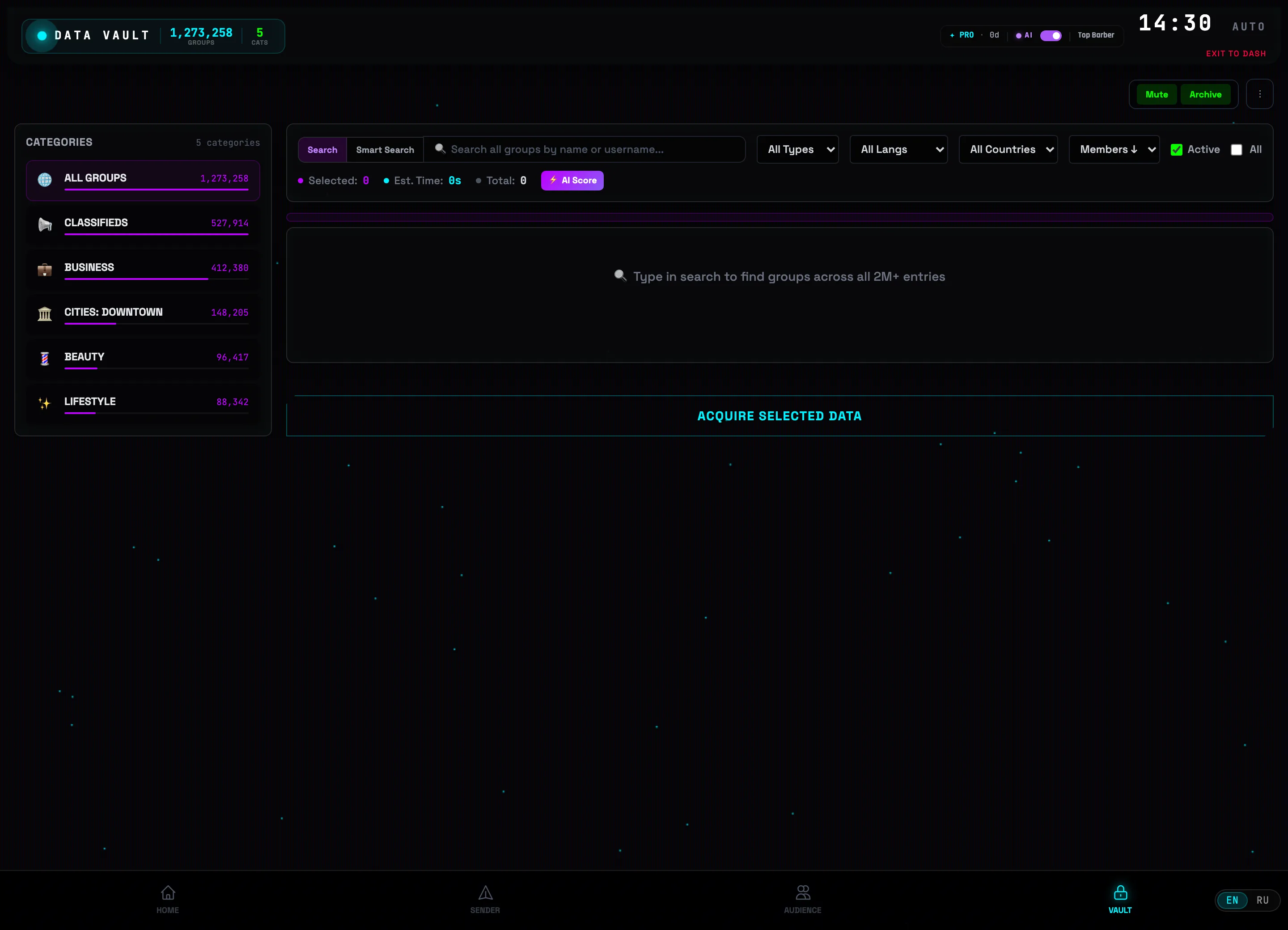 VAULT tab: CATEGORIES panel on the left, search and filters on the right