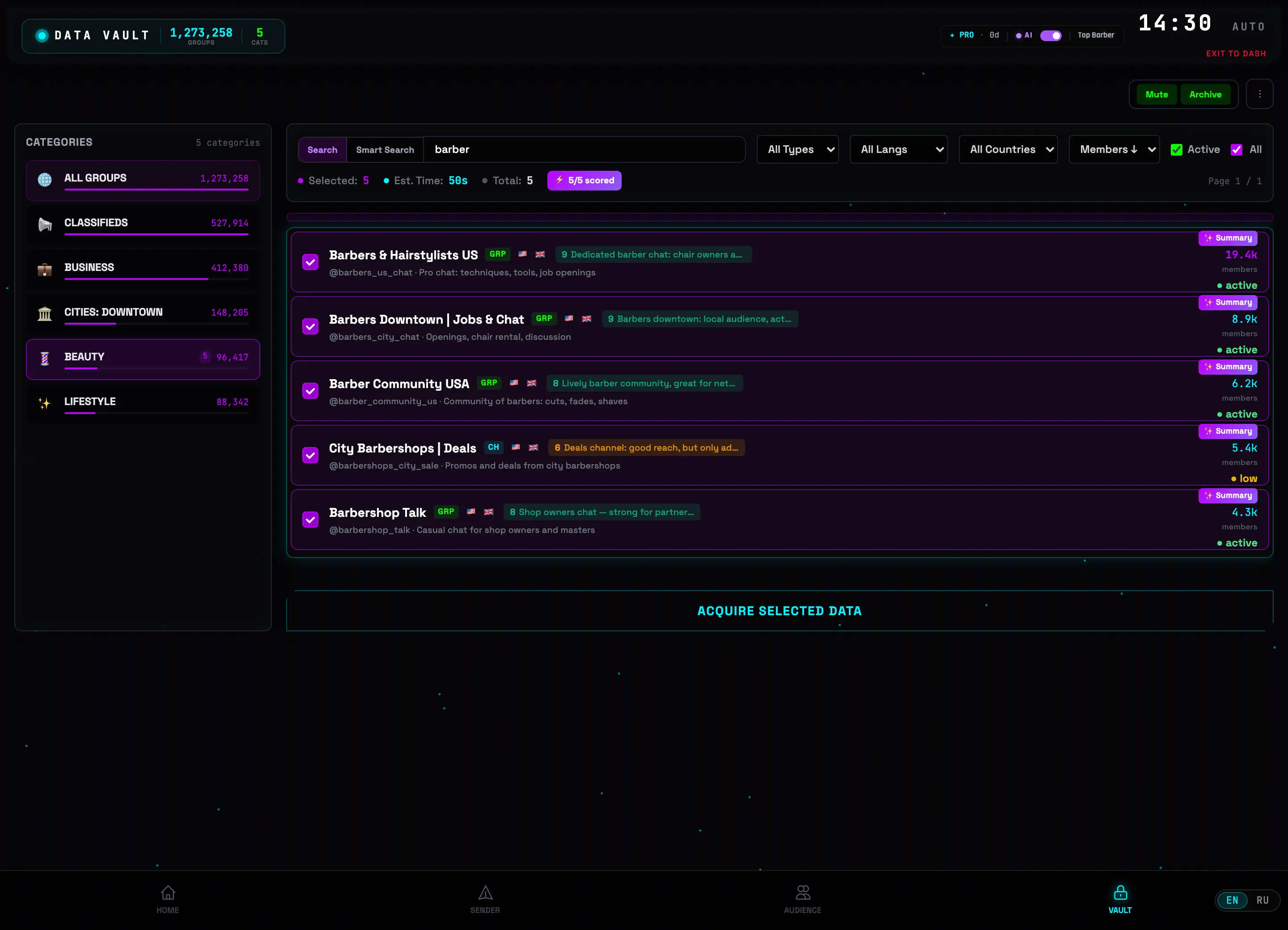 ACQUIRE SELECTED button at the bottom and Mute/Archive toggles in the top right